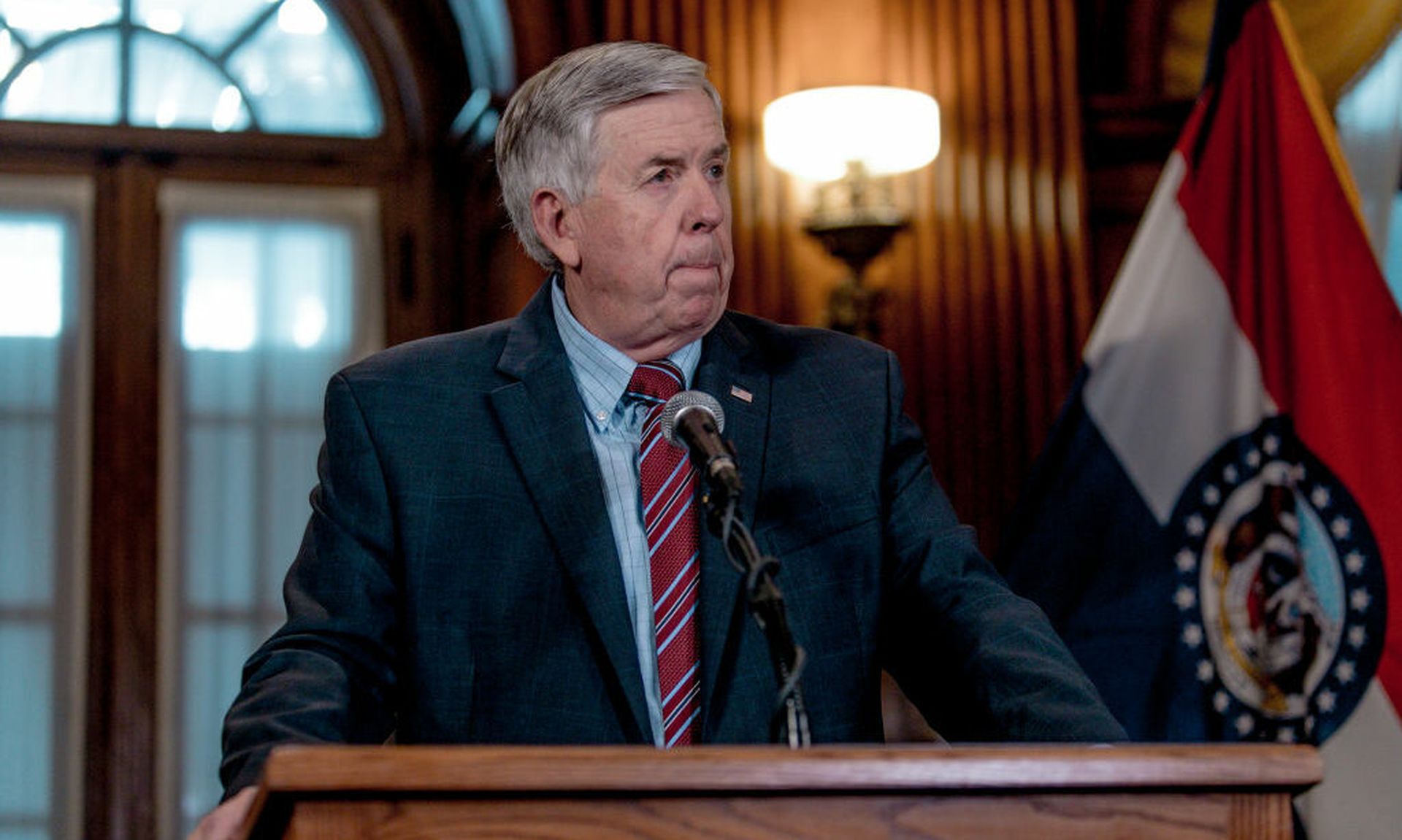 Gov. Mike Parson, seen here in May 29, 2019 in Jefferson City, Mo, raised legal and ethical questions about responsible disclosure in October. (Photo by Jacob Moscovitch/Getty Images)