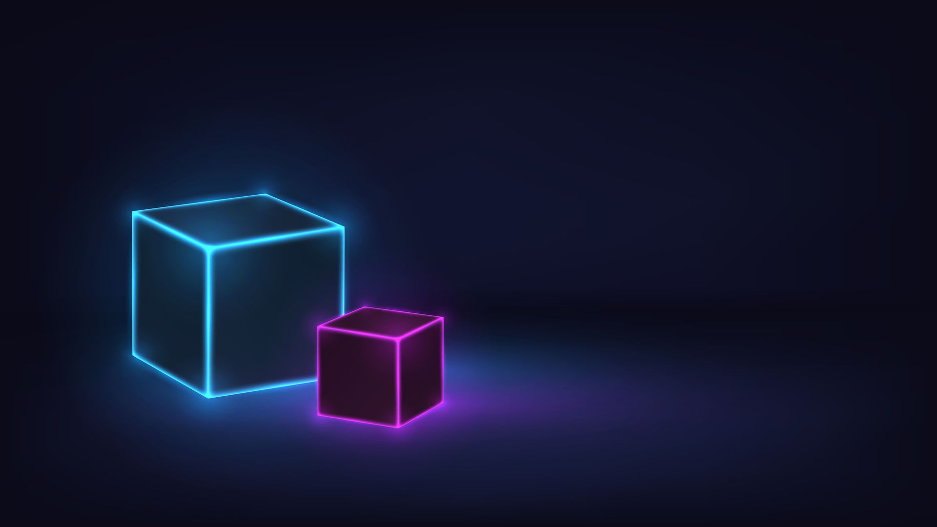 Glowing neon cubes in a dark room, concept: security, technology, databases