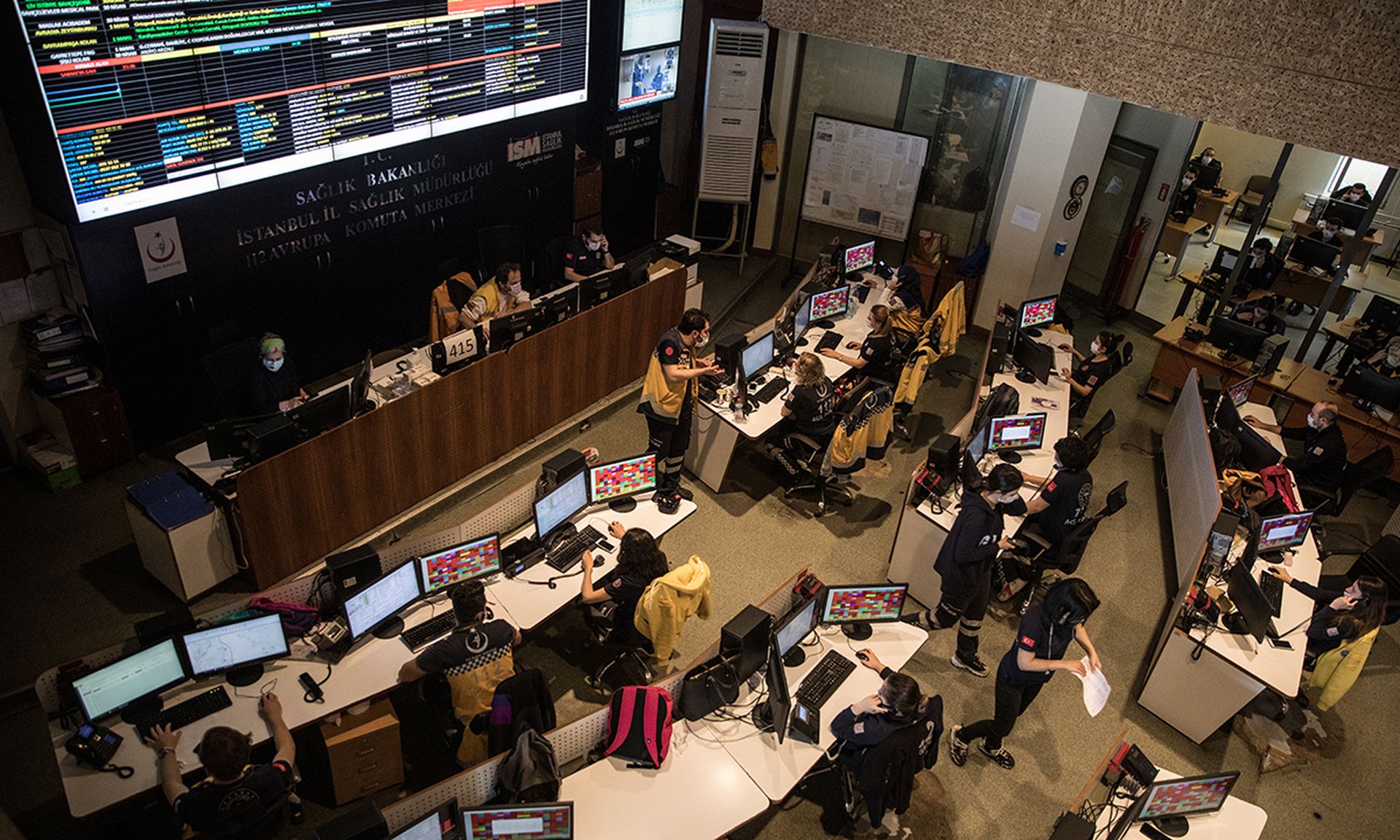 Doctors and paramedics take emergency calls at the 112 Emergency Healthcare services call center headquarters on May 1, 2020, in Istanbul. (Photo by Chris McGrath/Getty Images)