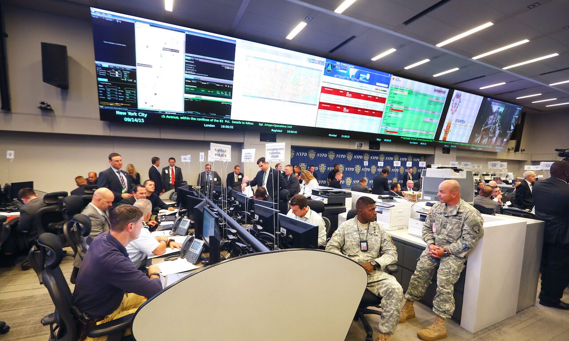 A shot of the Joint Operations Center at New York City Police Headquarters in New York City. Today’s columnist, Ian Pratt of HP, says that security operations centers have been under stress with thousands of alerts during the work from home era. He says better endpoint security tools and zero-trust principles can make security teams stronger. (Phot...