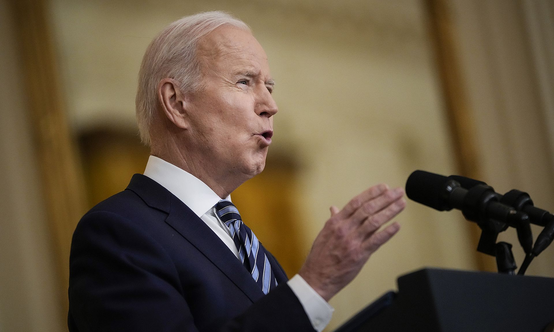President Joe Biden delivers remarks about Russia&#8217;s &#8220;unprovoked and unjustified&#8221; military invasion of neighboring Ukraine in the East Room of the White House on Feb. 24, 2022, in Washington. (Photo by Drew Angerer/Getty Images)