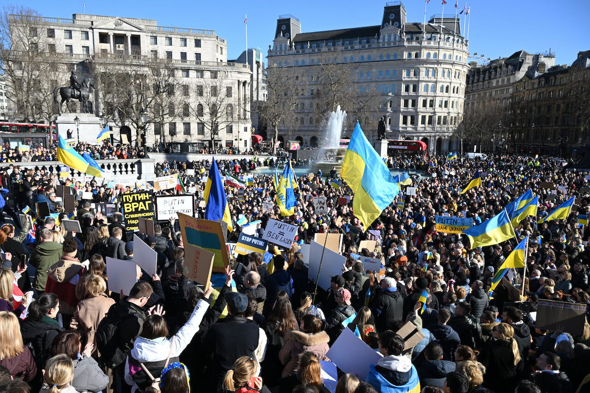 Protesters wave Ukrainian flags as they gather for a demonstration in support of Ukraine in Trafalgar Square on February 27 in London. As the war intensifies, cyberattacks loom. Today’s columnist, Rick Holland of Digital Shadows, offers some advice for security pros looking to protect their systems from Russian attacks. (Photo by Leon Neal/Getty Im...
