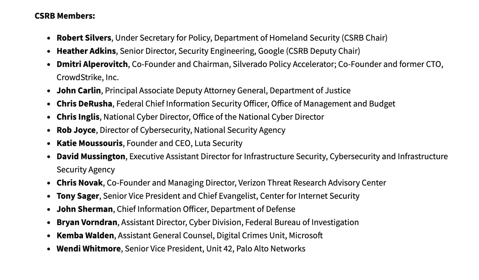 A list of members on the Cybersecurity Safety Review Board. Source: CISA.gov
