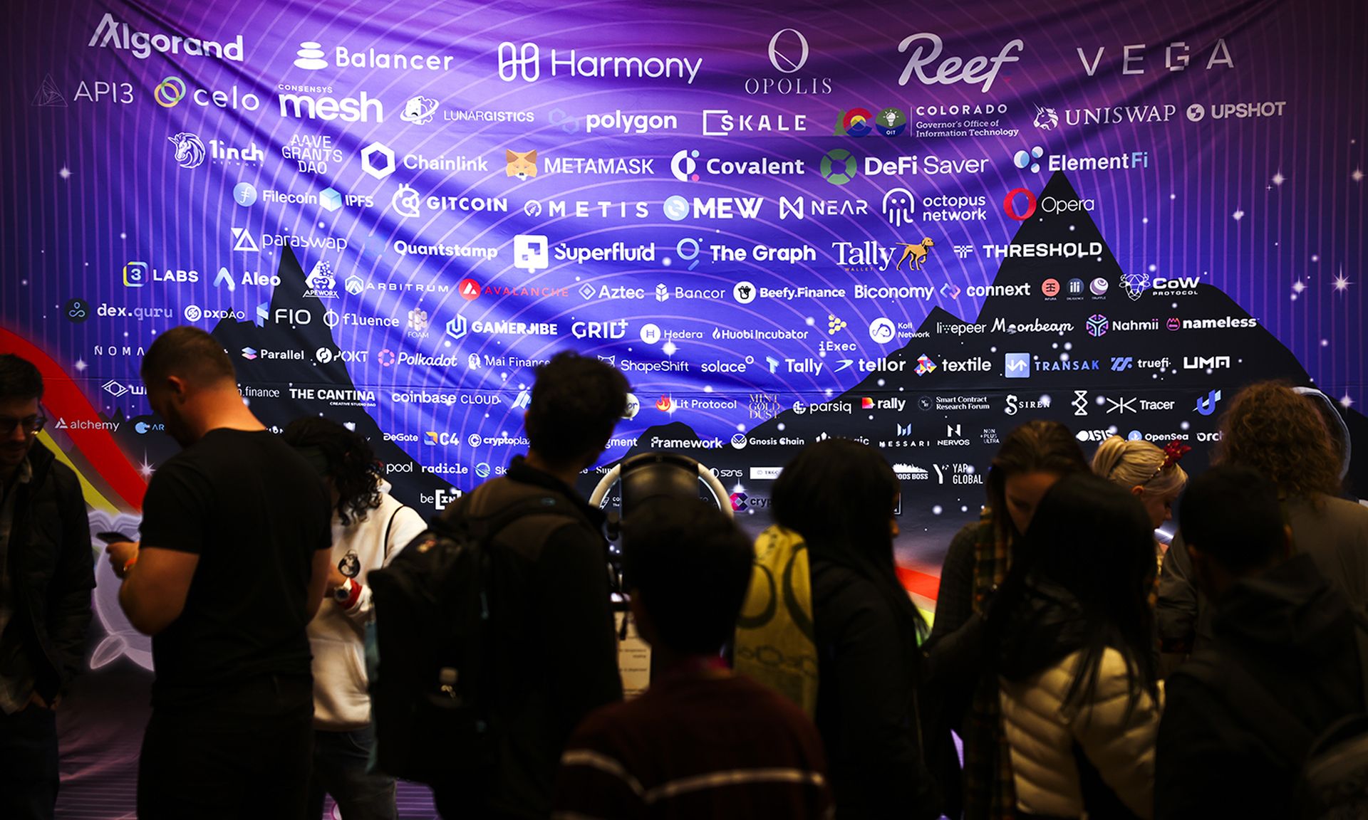ETHDenver sponsors are listed on a banner on Feb. 18, 2022, in Denver, Colo. (Photo by Michael Ciaglo/Getty Images)