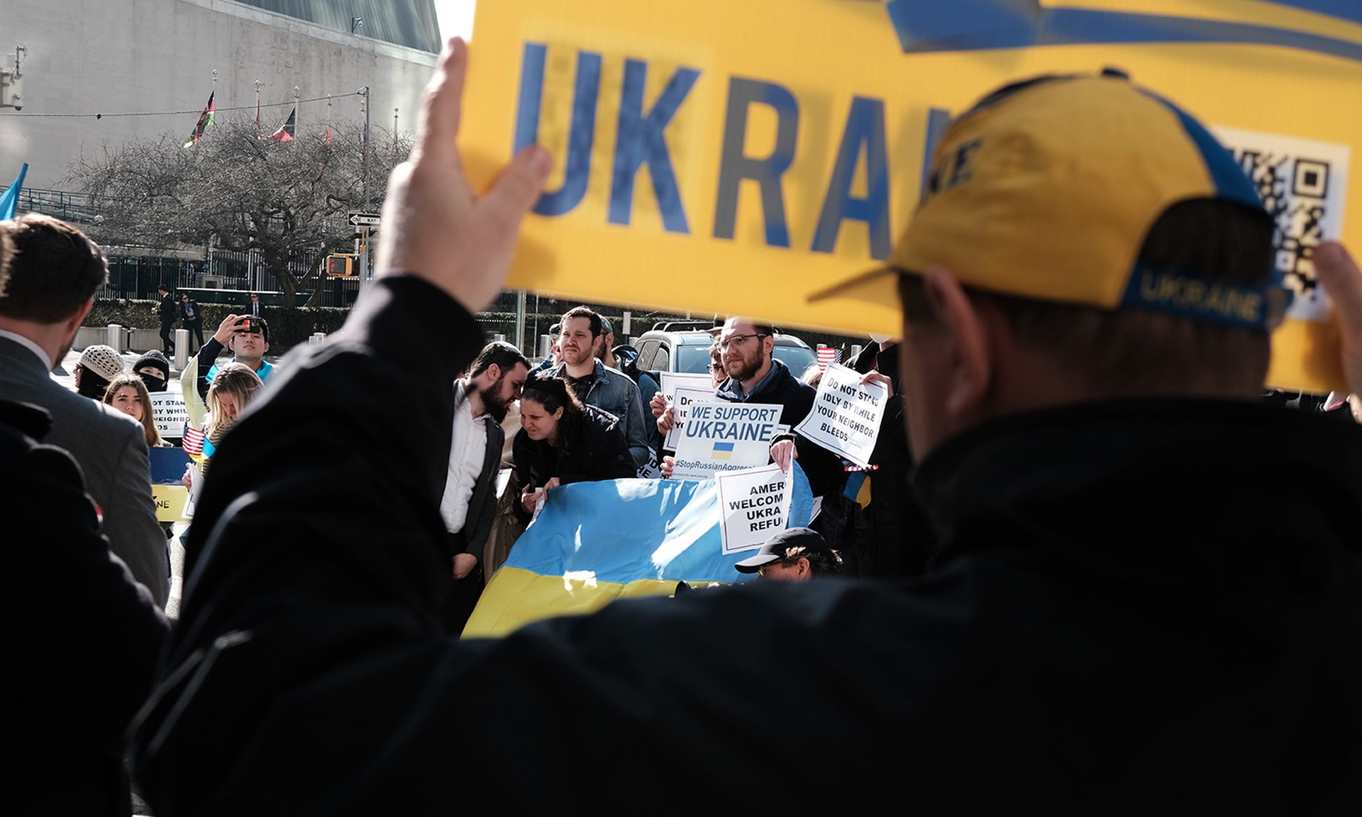 A committee of Ukrainian leaders, rabbis and other religious figures participate in a protest in front of the U.S. Mission to the United Nations on March 16, 2022, in New York City. (Photo by Spencer Platt/Getty Images)