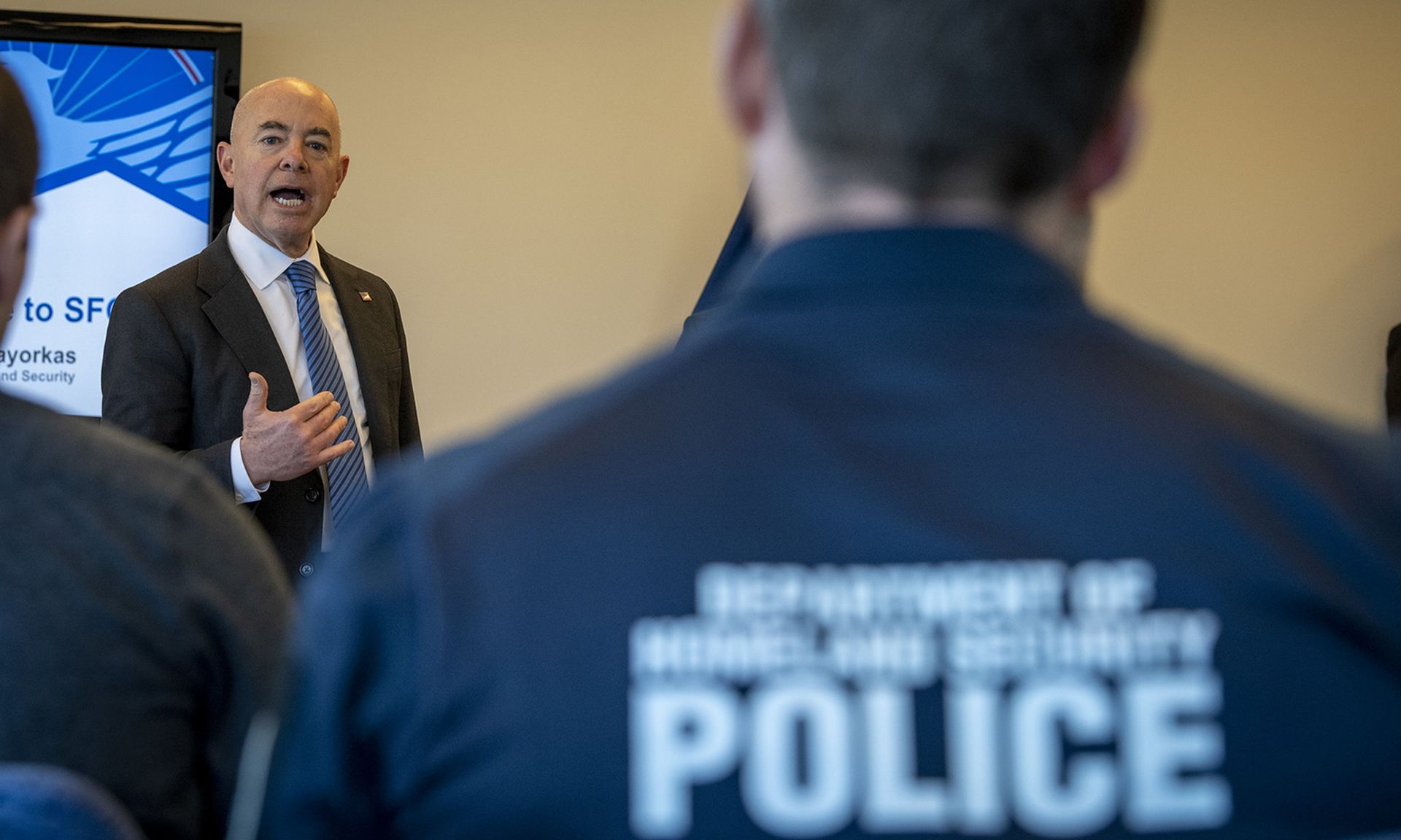 Homeland Security Secretary Alejandro Mayorkas meets with members of the Federal Air Marshall Service on March 23, 2022, in San Francisco. (Zachary Hupp/DHS)