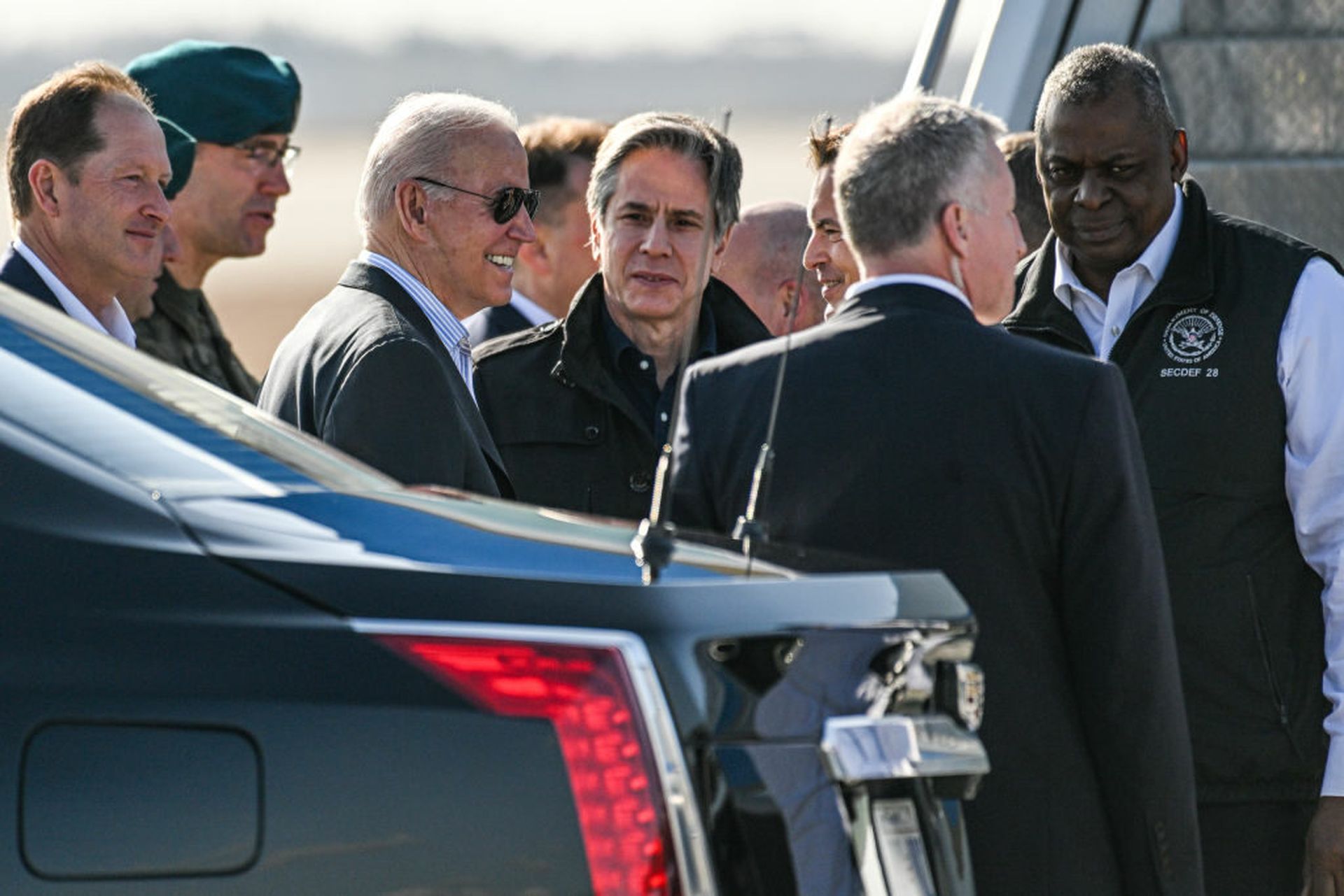President Joe Biden, center left, Secretary of State Antony Blinken, center, and Defense Secretary Lloyd Austin, right, disembark Air Force One at Rzeszow Airport on March 25, 2022, in Rzeszow, Poland. The State Department&#8217;s new cyber bureau began operations this week, giving Blinken an office dedicated to a range of digital security and poli...