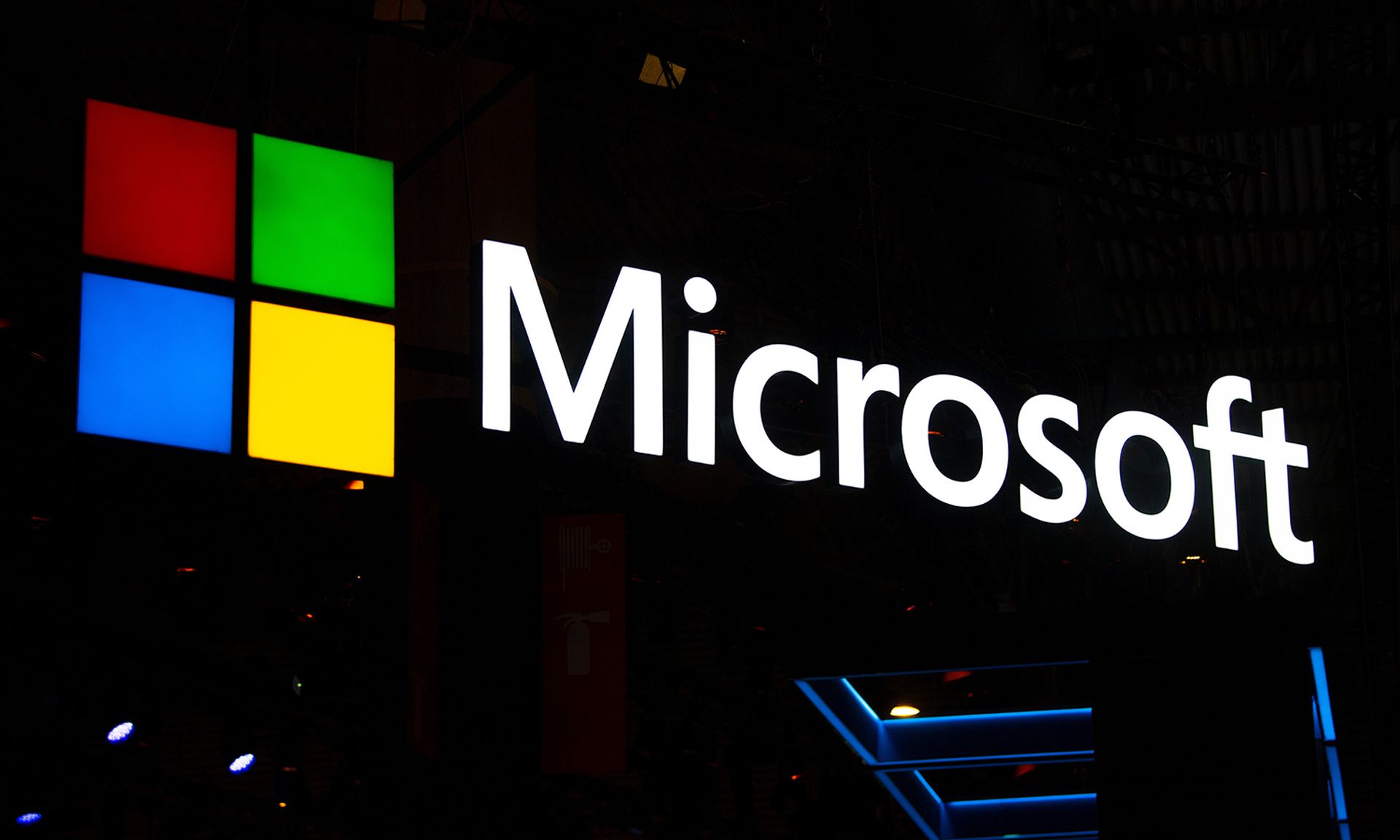 A logo is illuminated outside the Microsoft booth at the GSMA Mobile World Congress 2019 on Feb. 26, 2019, in Barcelona, Spain. (Photo by David Ramos/Getty Images)