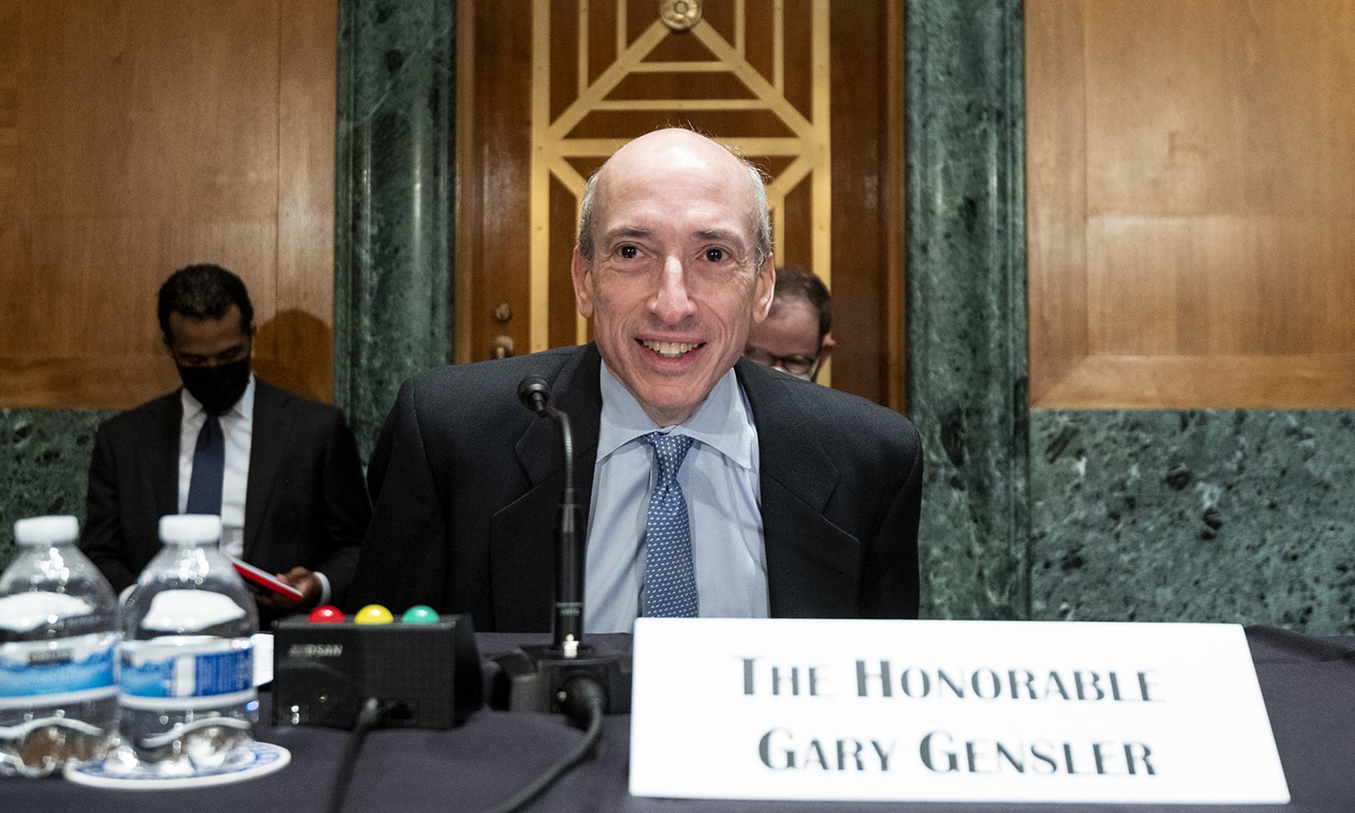 Gary Gensler, chair of the U.S. Securities and Exchange Commission, takes his seat before the start of a Senate Banking, Housing, and Urban Affairs Committee hearing on Sept. 14, 2021, in Washington. (Photo by Bill Clark/Pool via Getty Images)