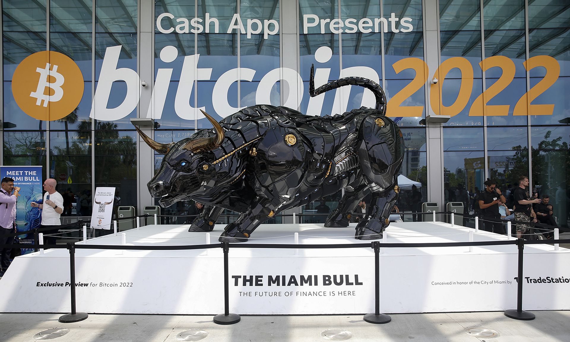 The SEC will add 20 new positions to its team policing cryptocurrency markets. Pictured: The Miami Bull is seen during the Bitcoin 2022 Conference at Miami Beach Convention Center on April 7, 2022, in Miami. (Photo by Marco Bello/Getty Images)