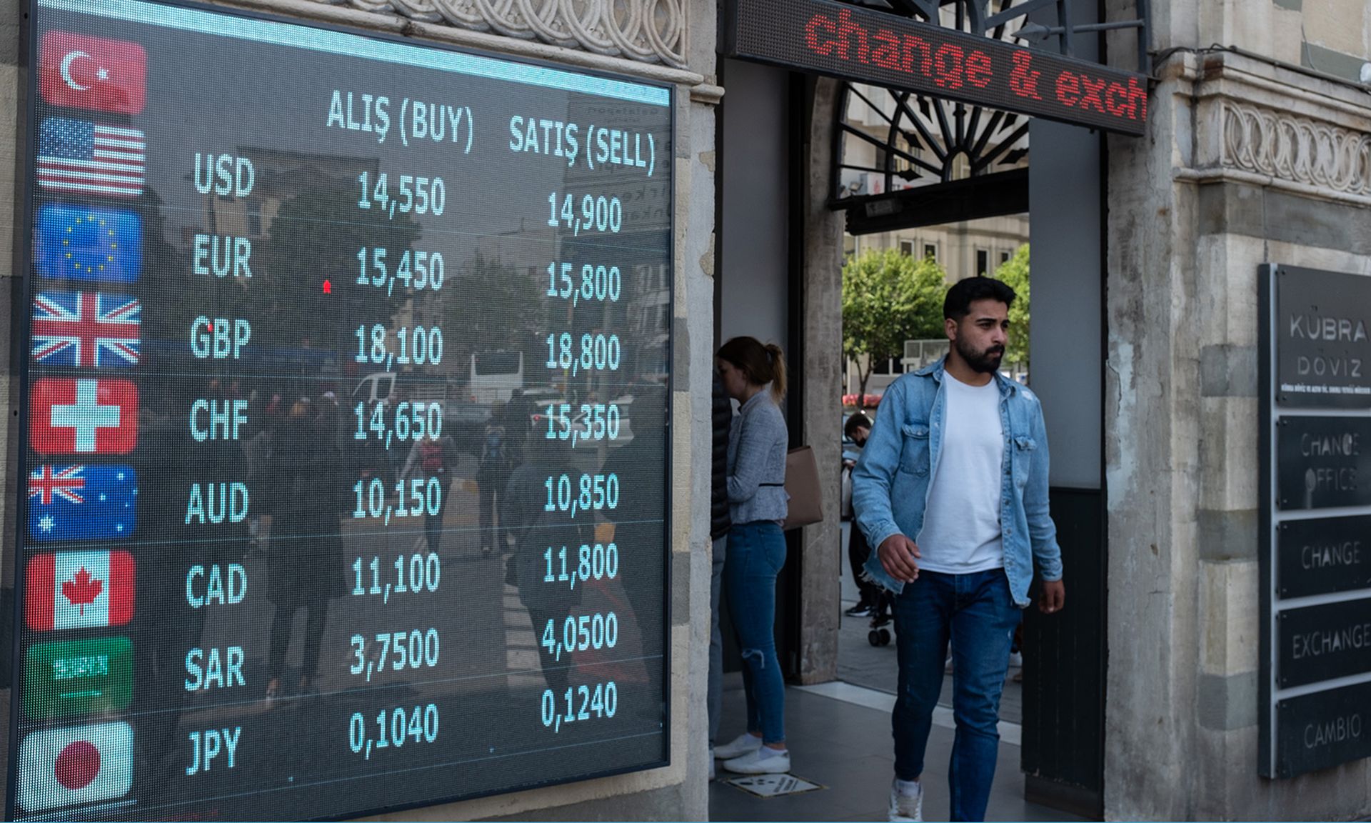 A man walks past a currency exchange office on May 5, 2022, in Istanbul. (Photo by Burak Kara/Getty Images)