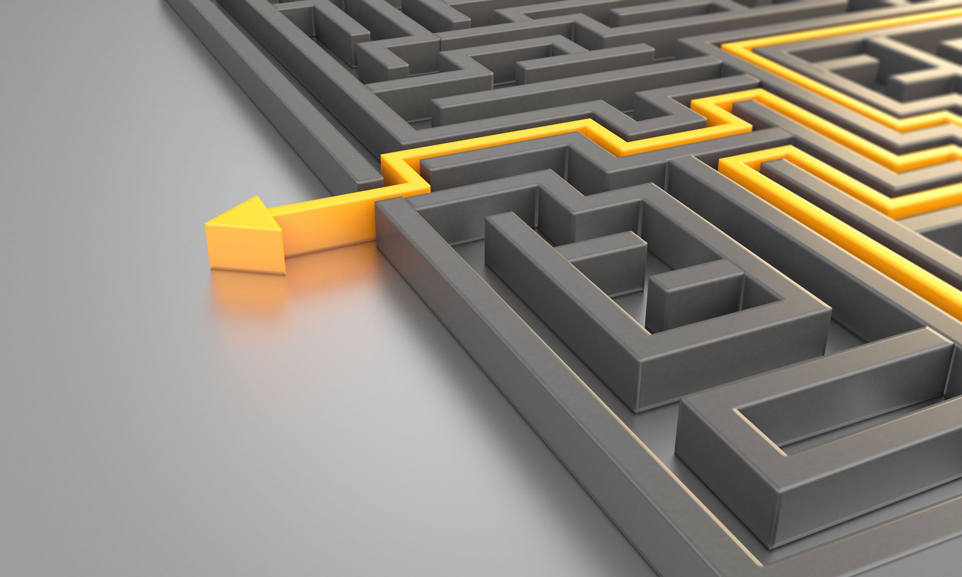 Orange colored path across a maze. ( 3d render )