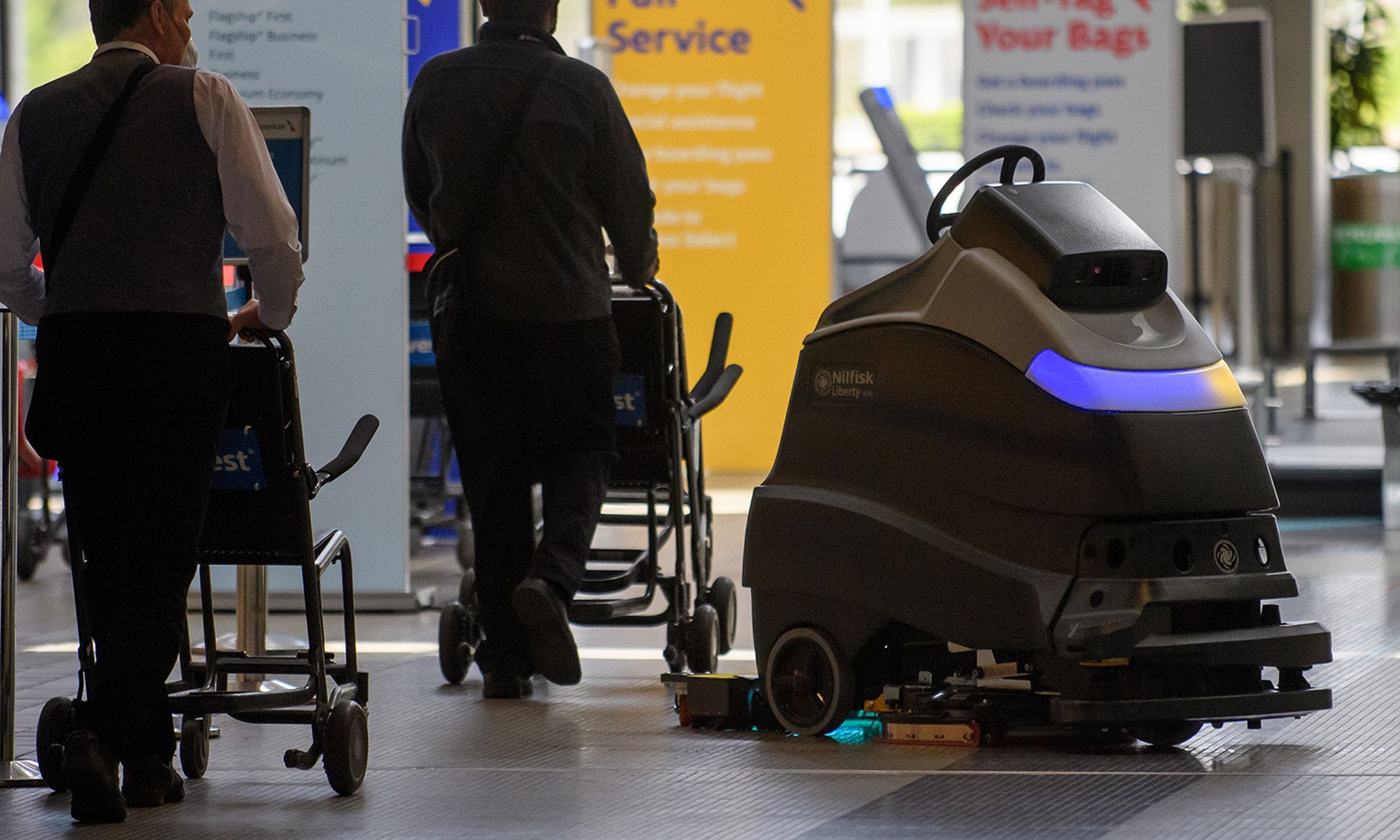 Nearly all of the 800 respondents to a Barracuda Network survey, 93%, said they&#8217;ve failed in security IIoT and OT projects. Pictured: A UV cleaning robot cleans the floor near the ticketing windows at Pittsburgh International Airport on May 7, 2020, in Pittsburgh, Pa. (Photo by Jeff Swensen/Getty Images)