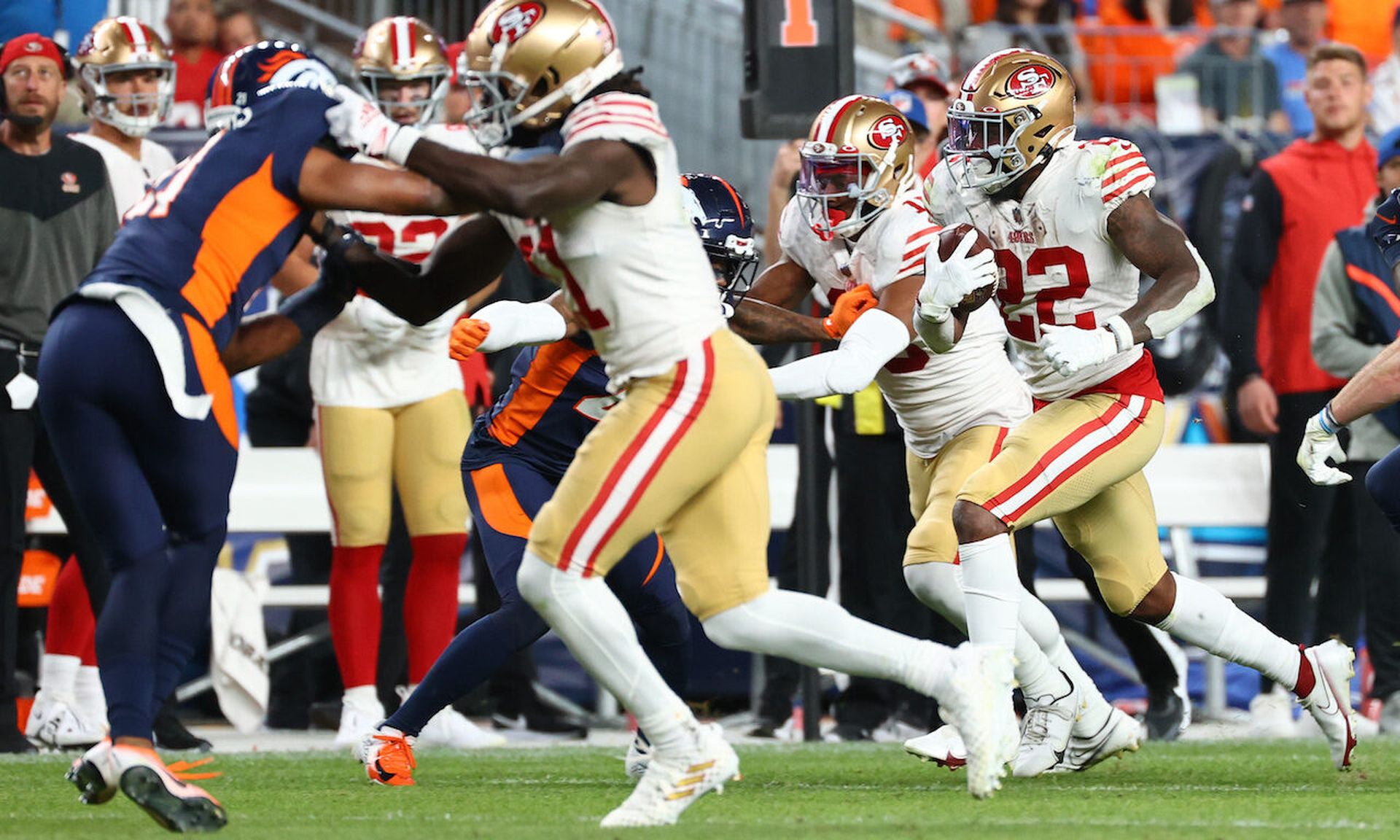Jeff Wilson Jr., No. 22 of the San Francisco 49ers, rushes during the second half of the Sept. 25 game. NFL CISO Tomás Maldonado emphasized during a keynote session at InfoSec World the need for the whole security team to understand the &#8220;why&#8221; behind initiatives. (Photo by Jamie Schwaberow/Getty Images)