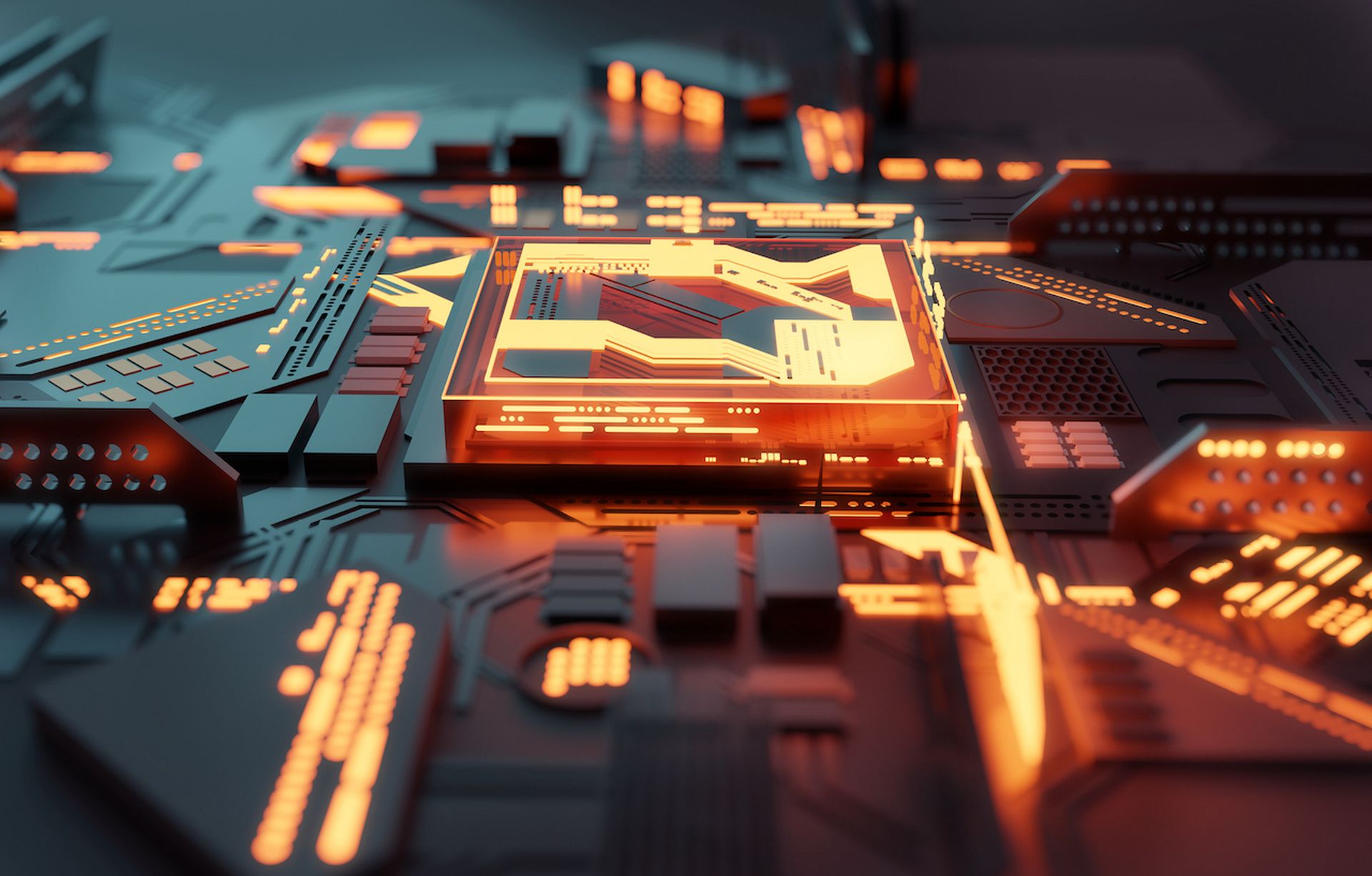 A futuristic glowing CPU quantum computer processor. 3D illustration.