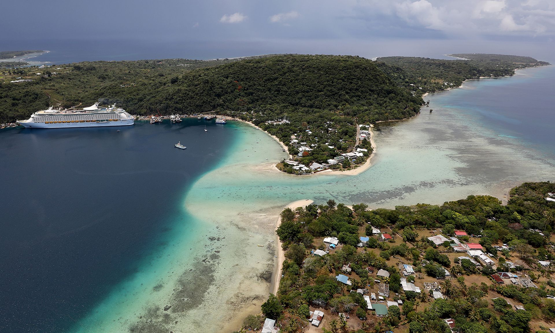 An aerial view of a cruise ship docked in Port Vila, Vanuatu.