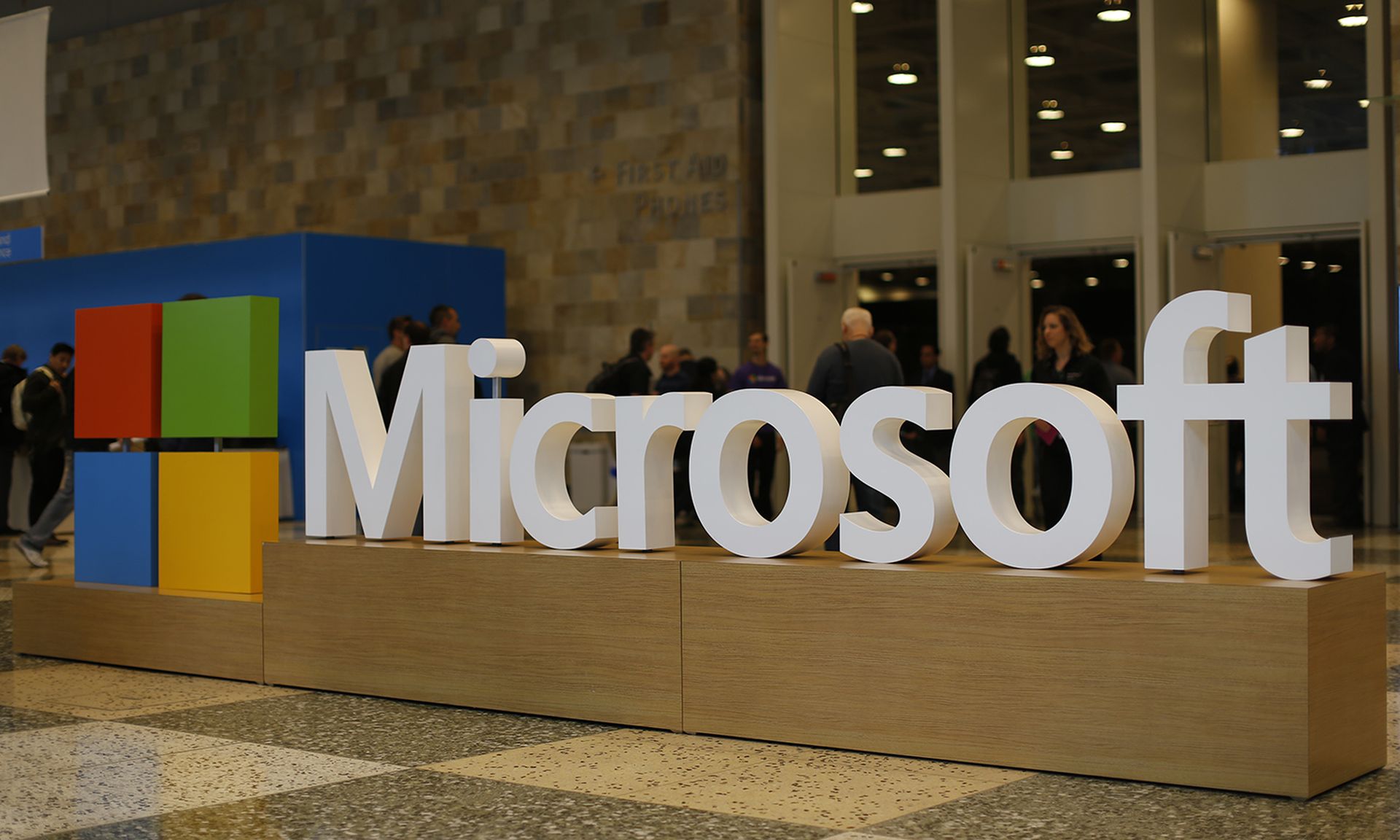 A Microsoft logo is seen during an event.