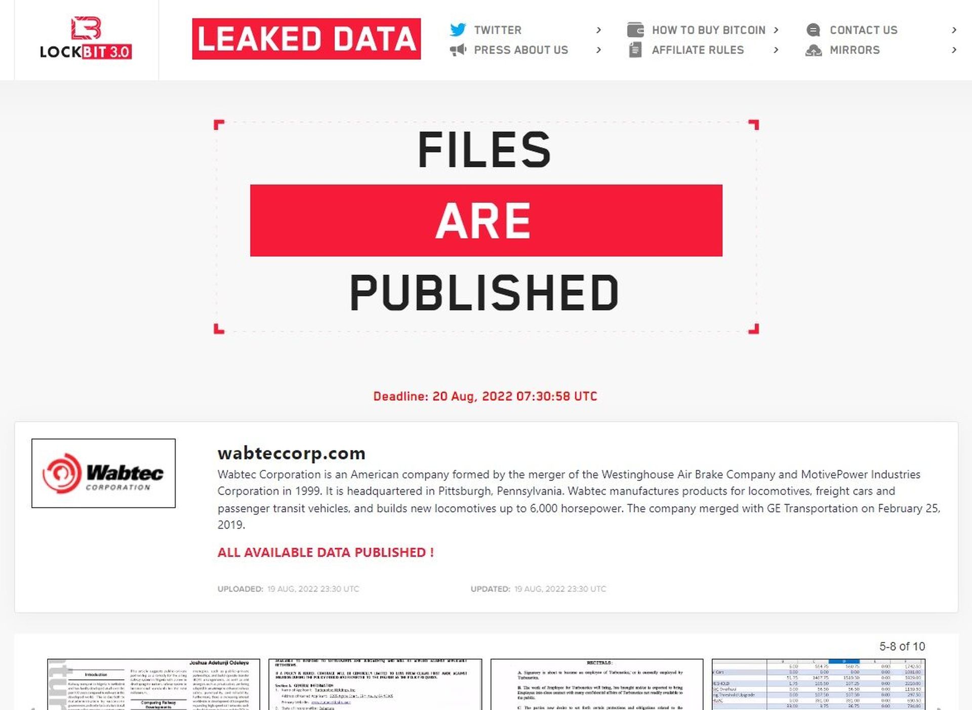 Screenshot of LockBit leak site publishing what they allege to be stolen Wabtec data (Image credit: SynSaber)