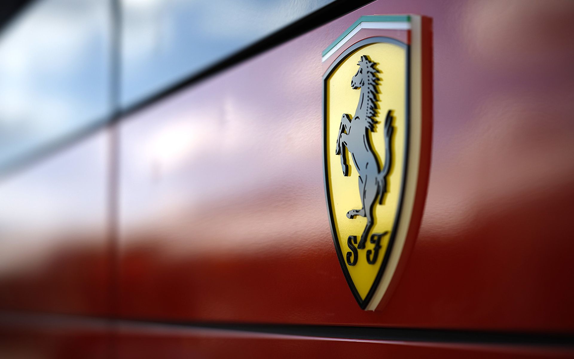 A detail view of a Ferrari logo