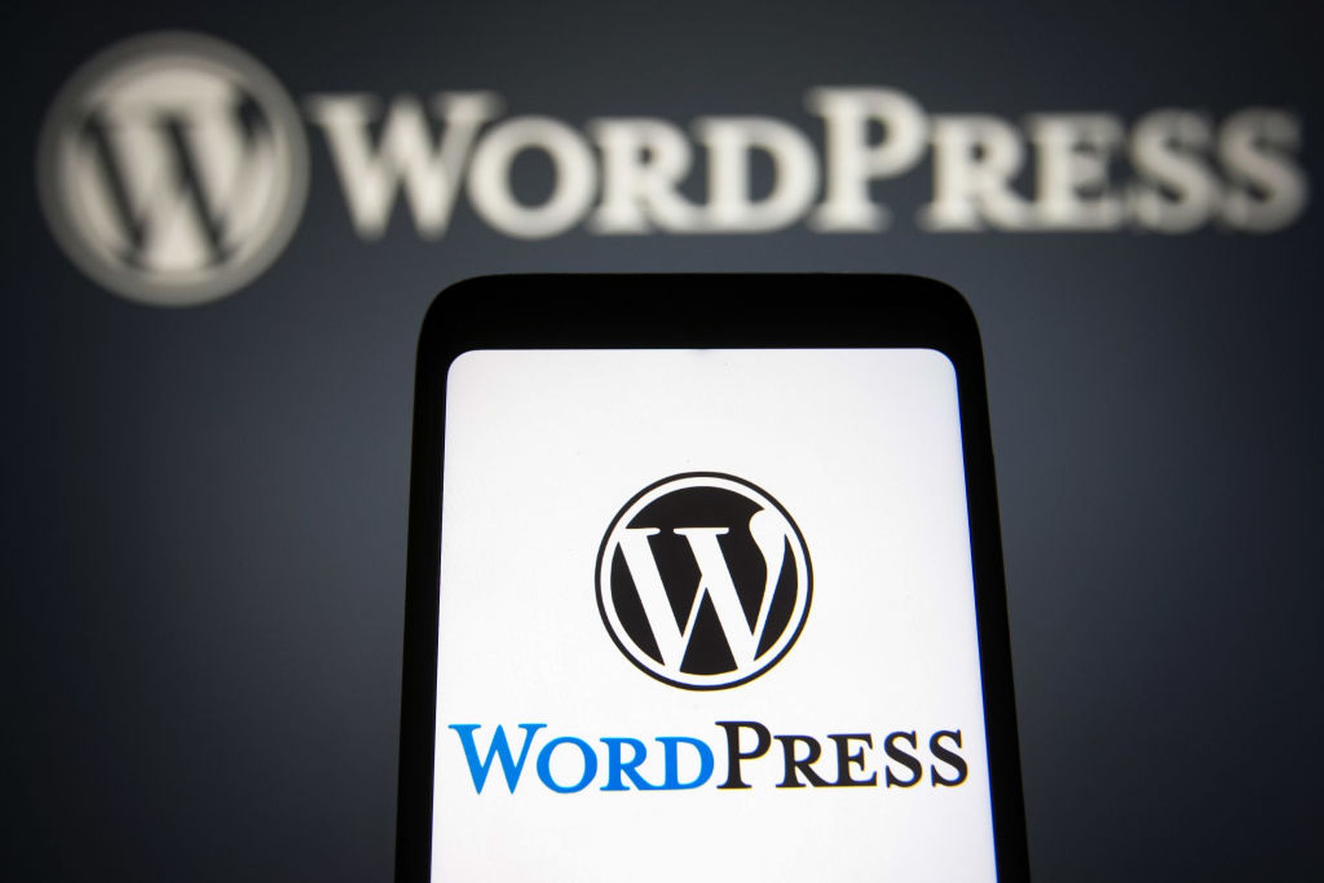UKRAINE &#8211; 2021/11/22: In this photo illustration, the WordPress (WP, WordPress.org) logo is seen on a smartphone and in the background. (Photo Illustration by Pavlo Gonchar/SOPA Images/LightRocket via Getty Images)