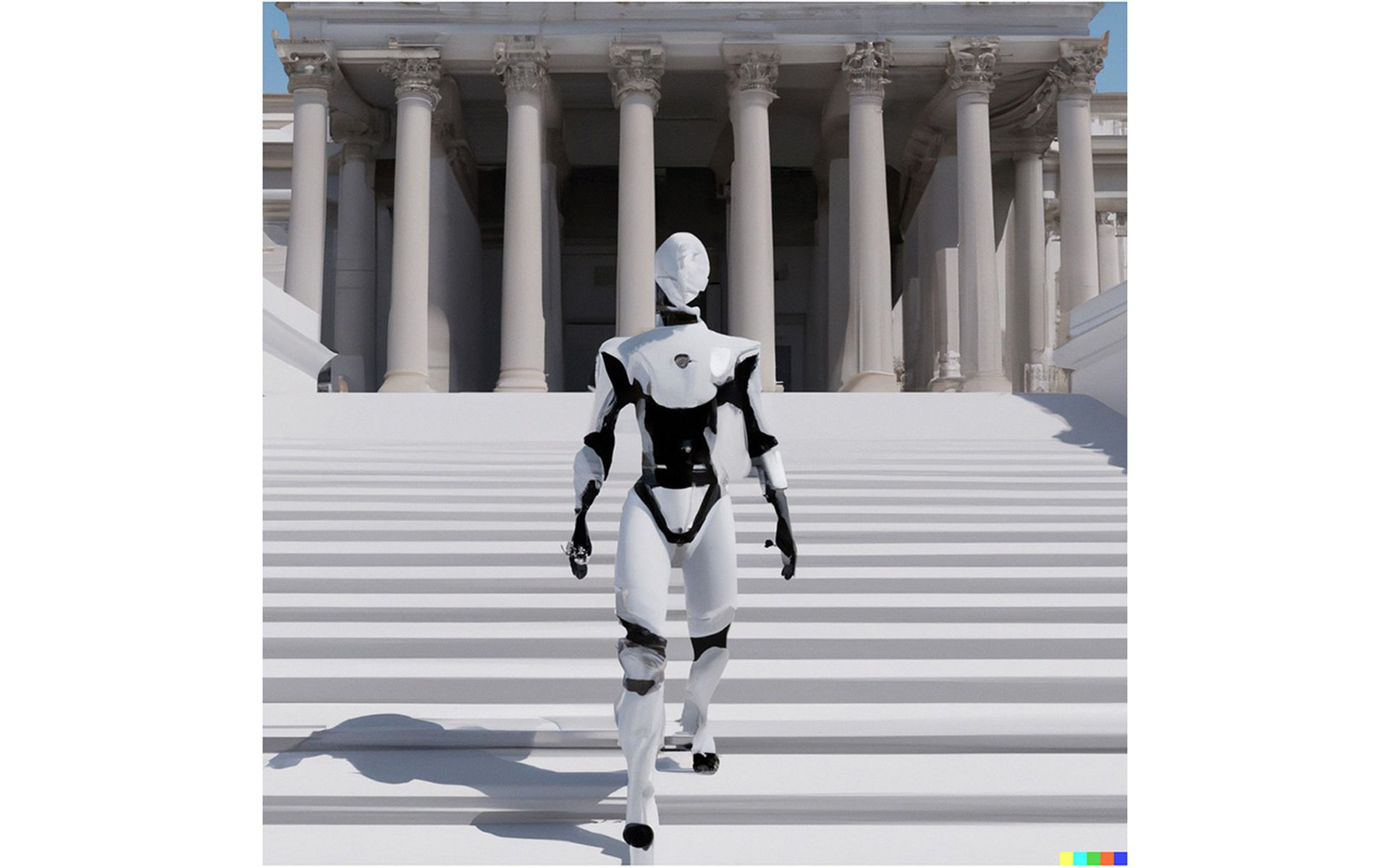 AI-generated image of a robot walking up the stairs of the U.S. Capitol.