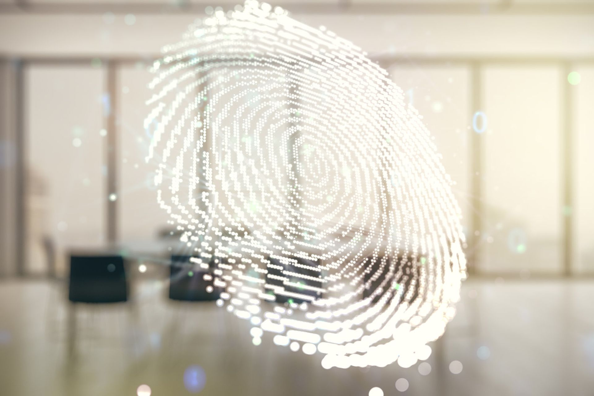 Abstract virtual fingerprint illustration on a modern coworking room background, personal biometric data concept.