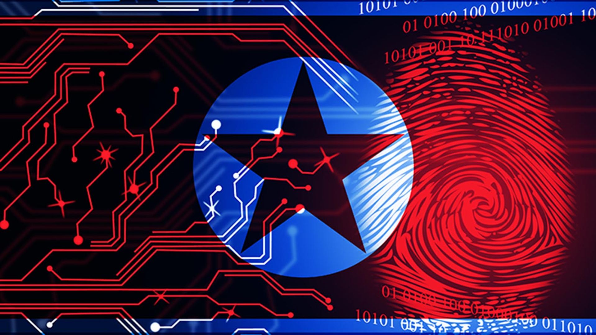 North Korea flag with circuitry and fingerprint