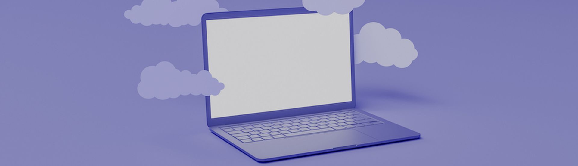 minimal laptop with flat clouds floating around. color of the year 2022 Very Peri. 3d rendering