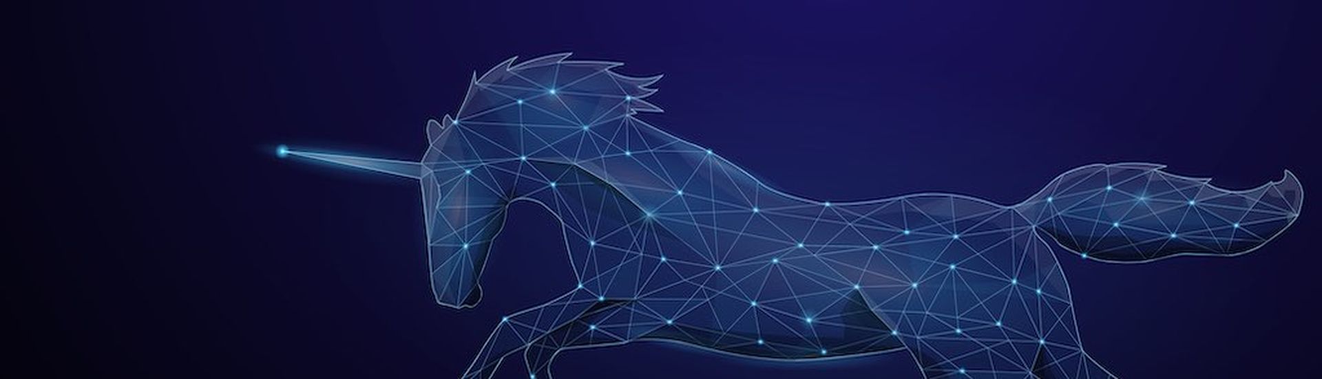 Abstract image of a Unicorn in the form of a starry sky, consisting of points, lines, and shapes in the form of planets, stars and the universe. Low poly vector background.