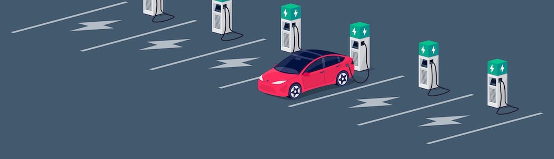 Electric car charging on empty parking lot area with fast supercharger station and many free charger stalls. Vehicle on electricity network grid. Isolated flat vector illustration on grey background.