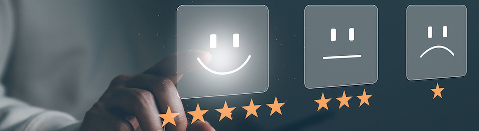 Customer service and Satisfaction concept ,Business people are touching the virtual screen on the happy Smiley face icon to give satisfaction in service. rating very impressed