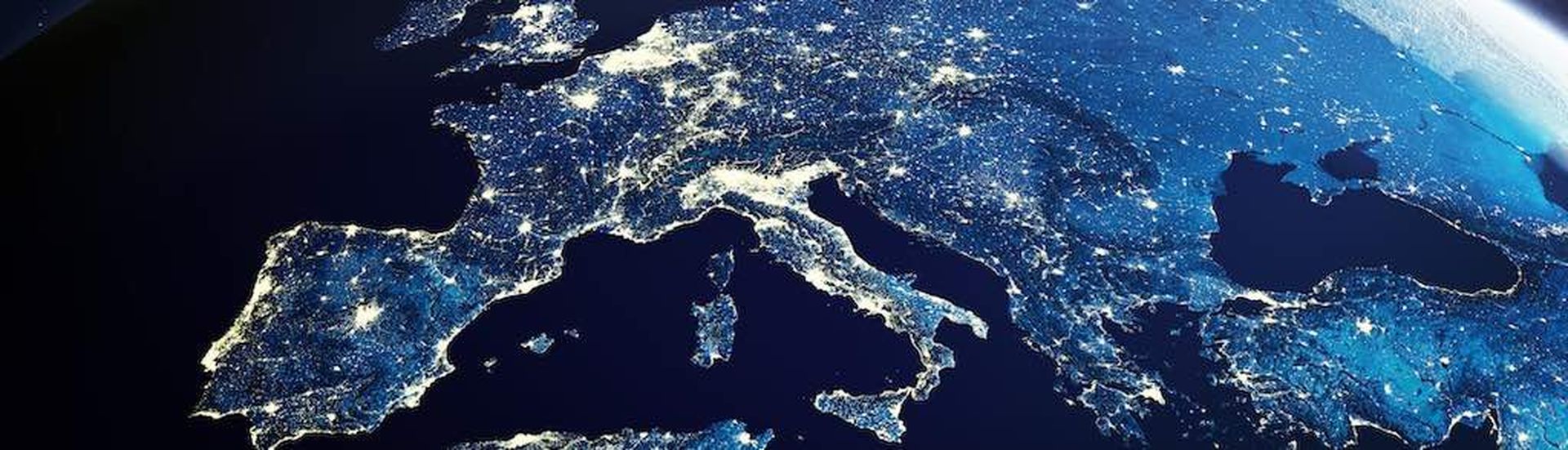 Europe from space at night with city lights showing European cities in Germany, France, Spain, Italy and United Kingdom (UK), global overview, 3d rendering of planet Earth, elements from NASA
