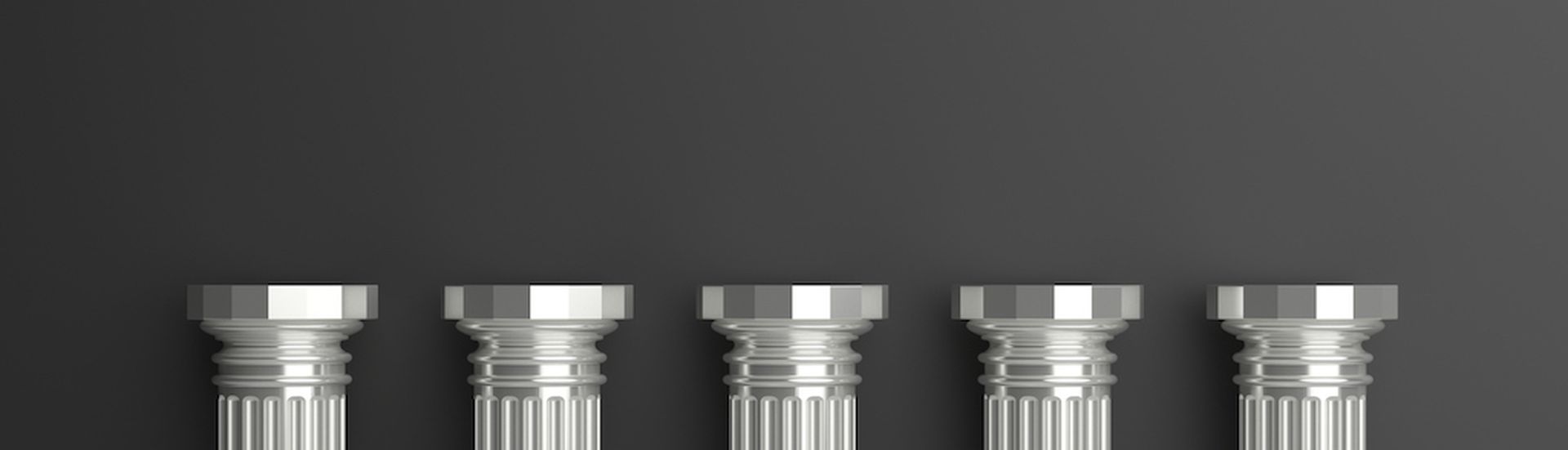 Five columns, Silver ancient greek pillars half, against black wall background, banner, copy space. 3d illustration