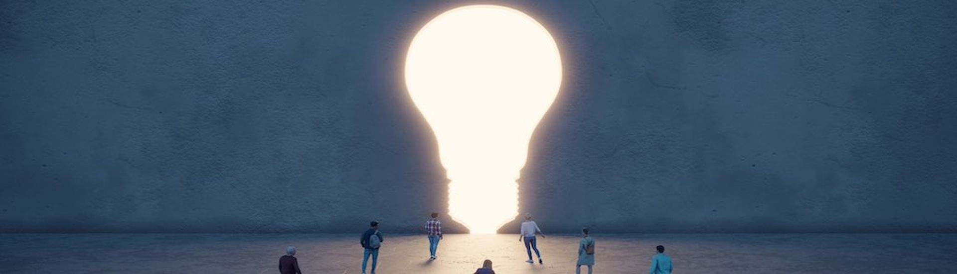 Glowing light from the lightbulb shaped hole on the wall and people going there, symbolizing big ideas, innovation concepts. (3d render)