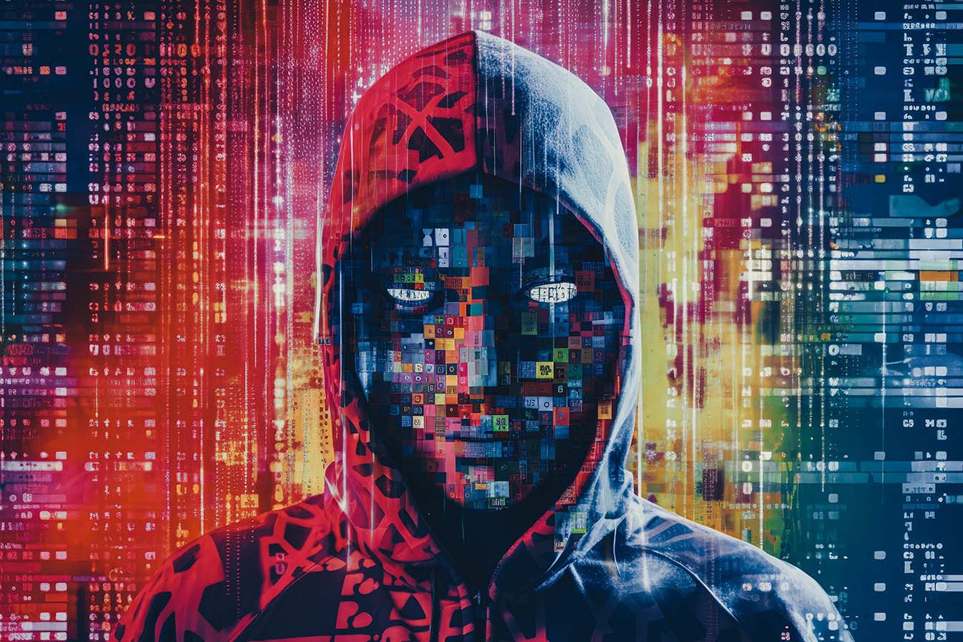 hacker in mask on dark background with digital effects
