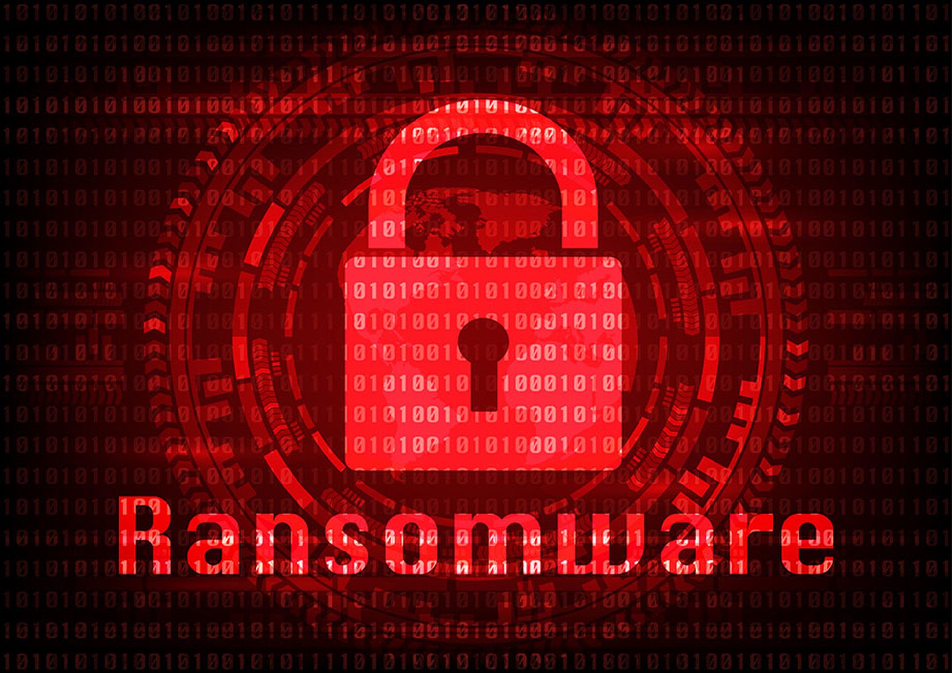 Abstract Malware Ransomware virus encrypted files with key on binary bit background.