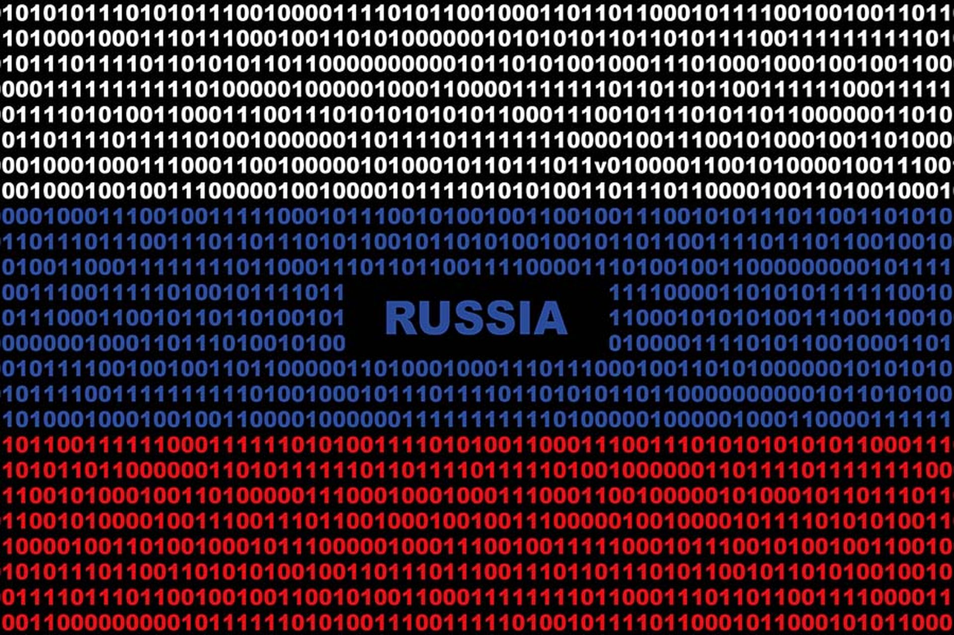 Digital Russian flag and a binary background cybersecurity concept with 0 and 1.