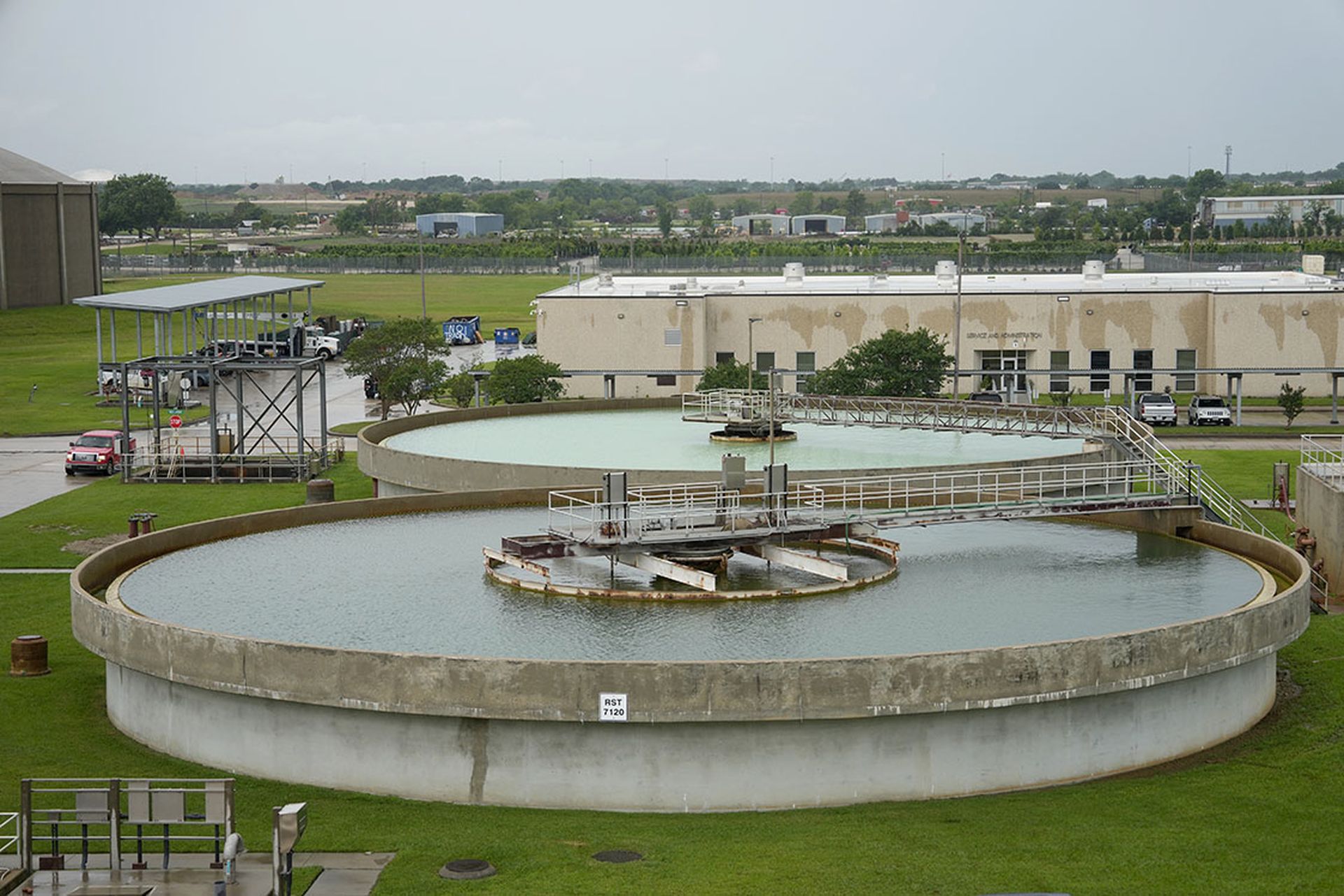 Circular clarifiers at the Southeast Water Purification Plant are shown