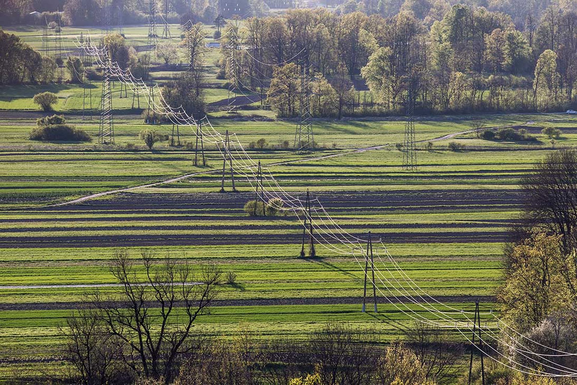 High power electricity poles in a field