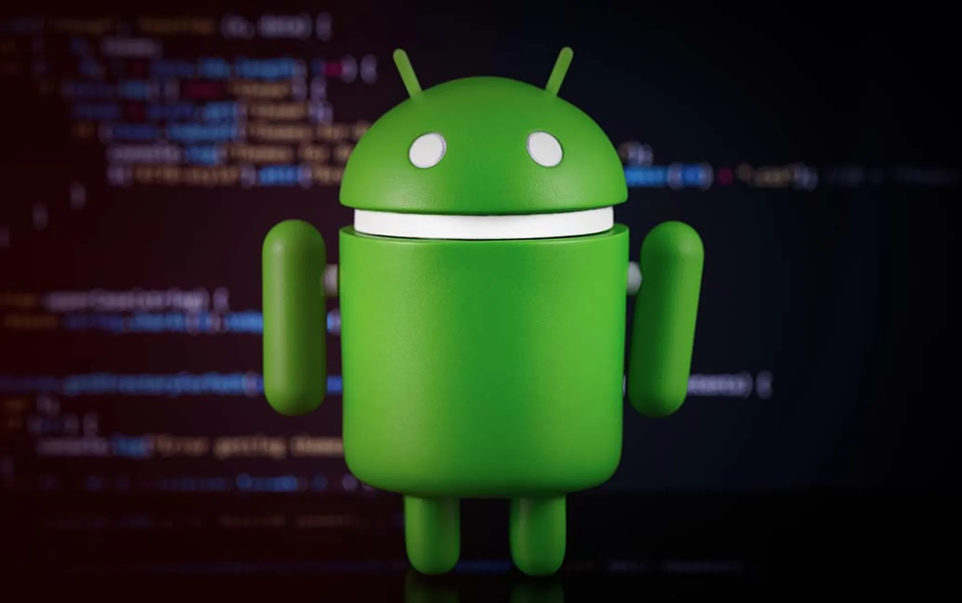 A green Google Android figure on digital blur background.