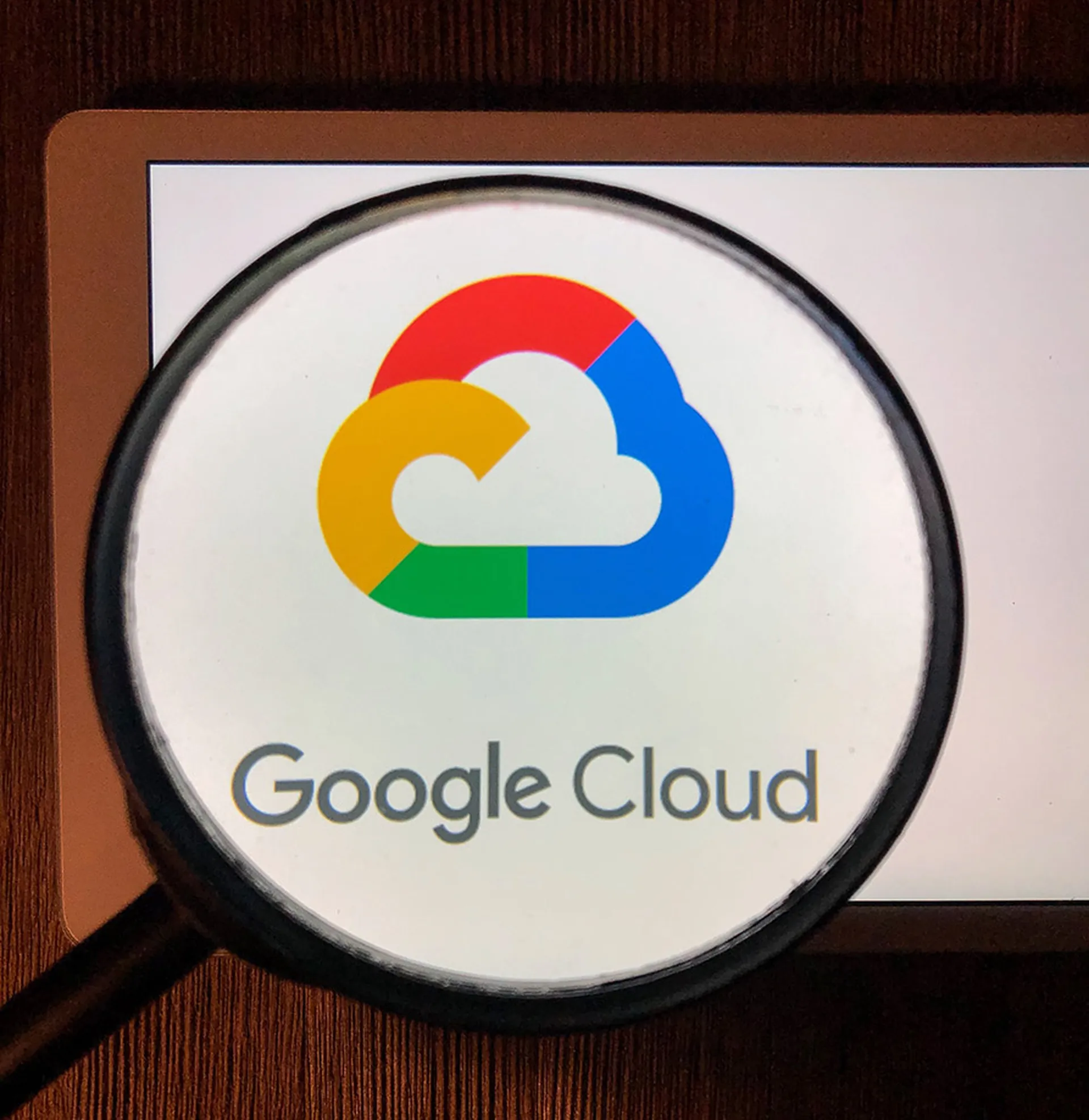 Magnified view of the Google Cloud logo on a computer screen