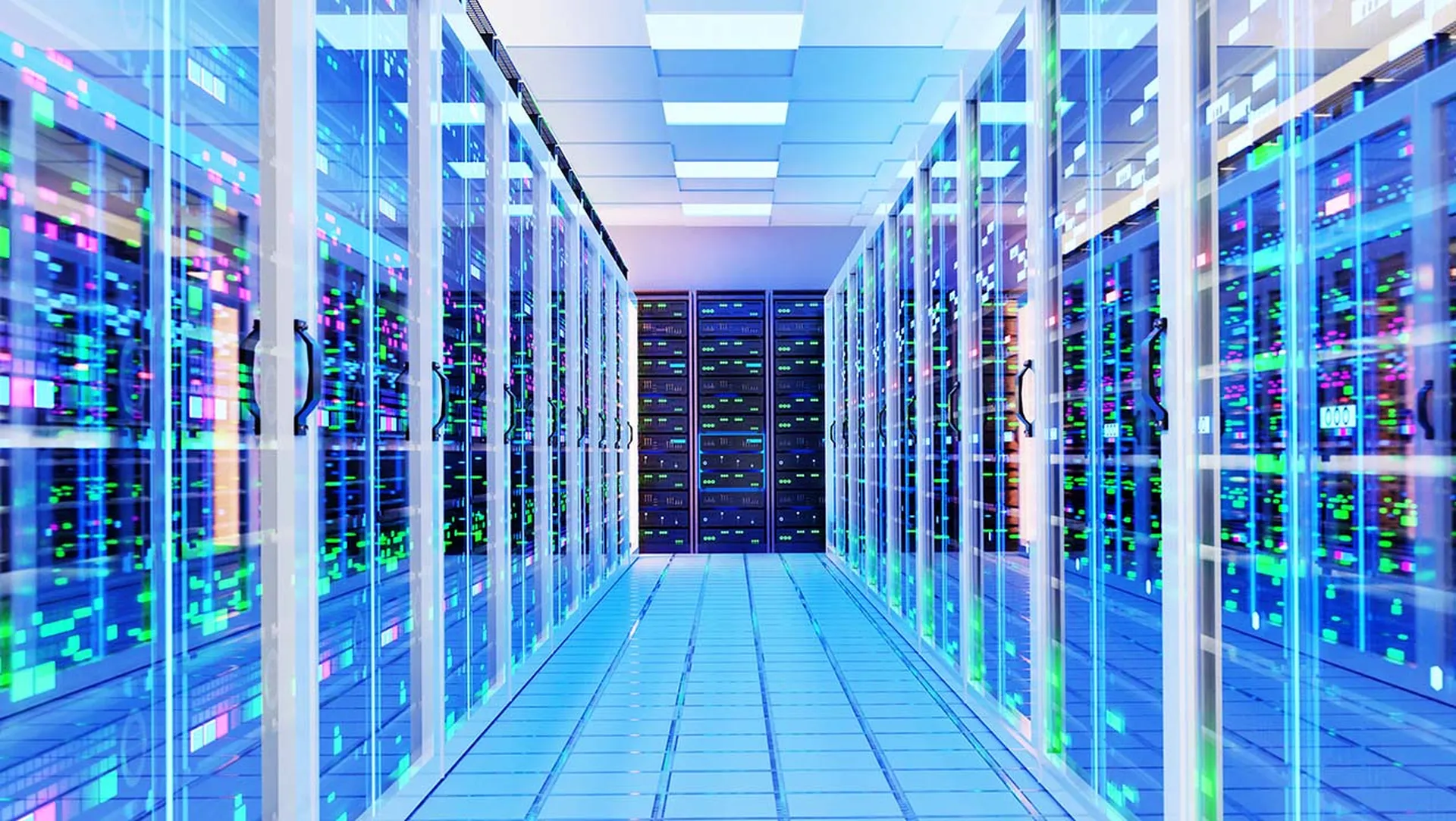 Interior of Big Modern server room with rows of rack cabinets, data centre or mining farm interior with beautiful neon lights reflections.