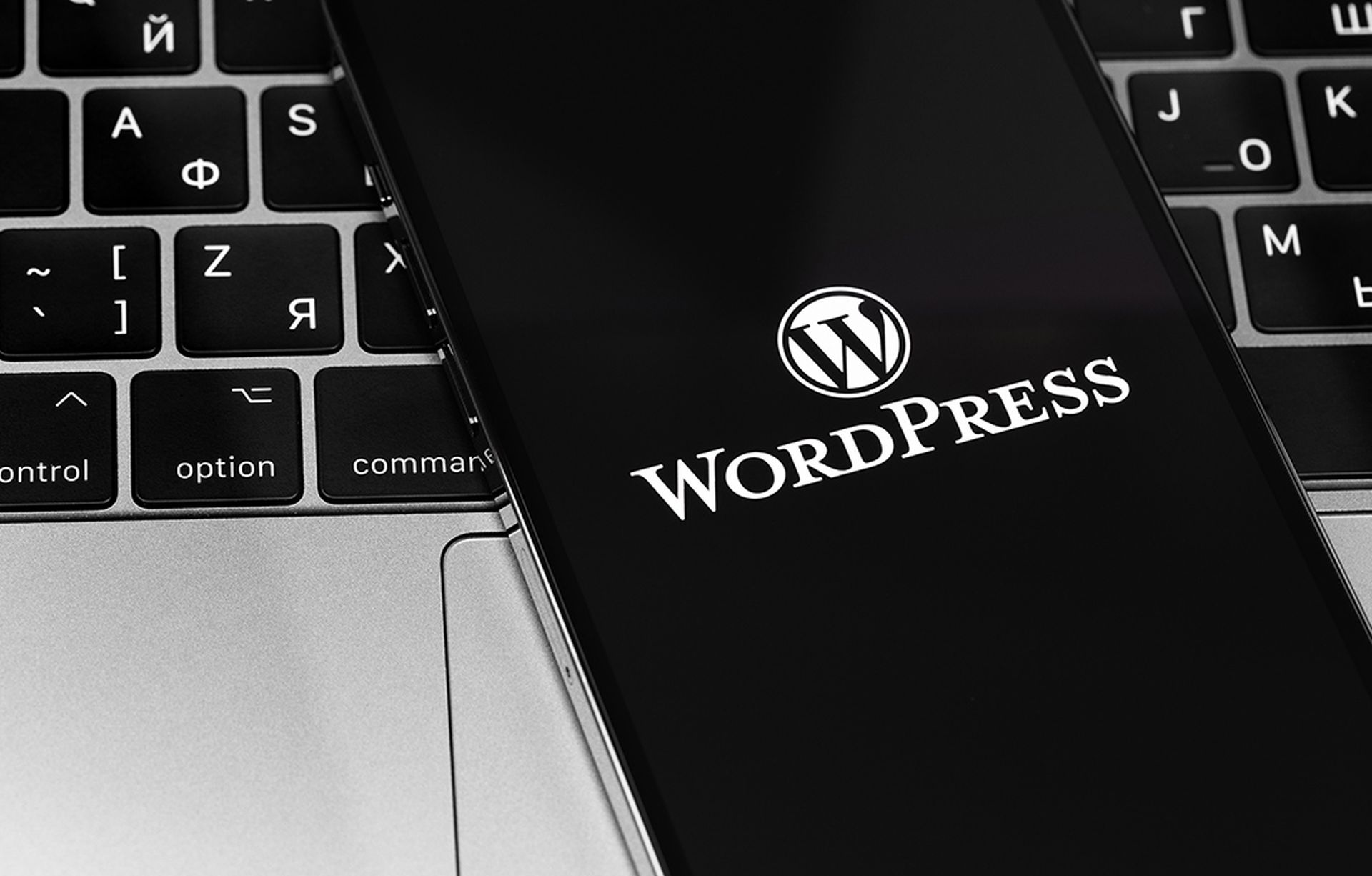 WordPress app logo on the screen smartphone with notebook closeup. WordPress - open source site content management system.