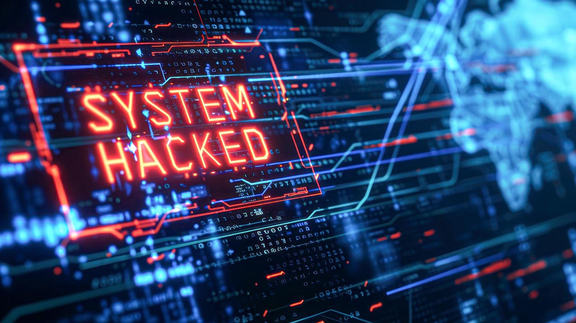 A digital warning sign with "SYSTEM HACKED" in bright red, overlaying a complex background of computer code and digital interfaces, with a deep blue and black color scheme, creating a sense of urgency and alarm.