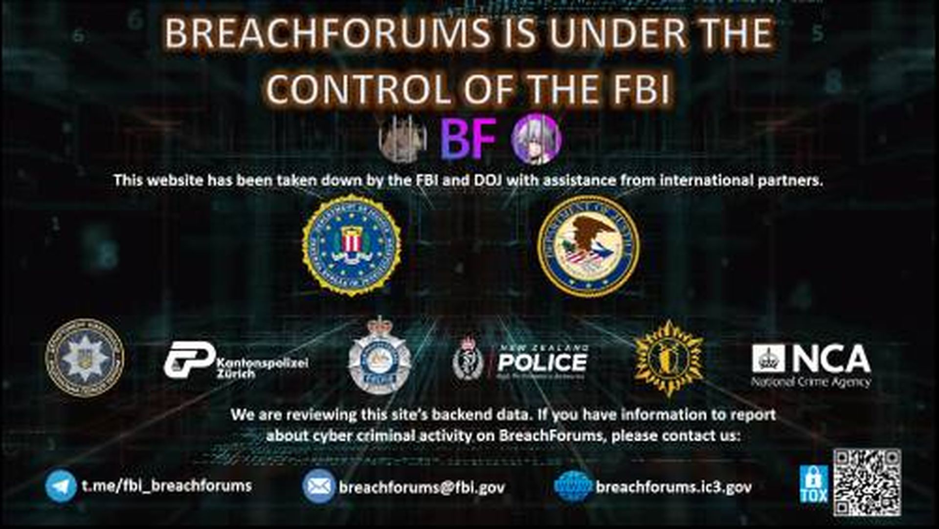 FBI seizure notice on BreachForums homepage.