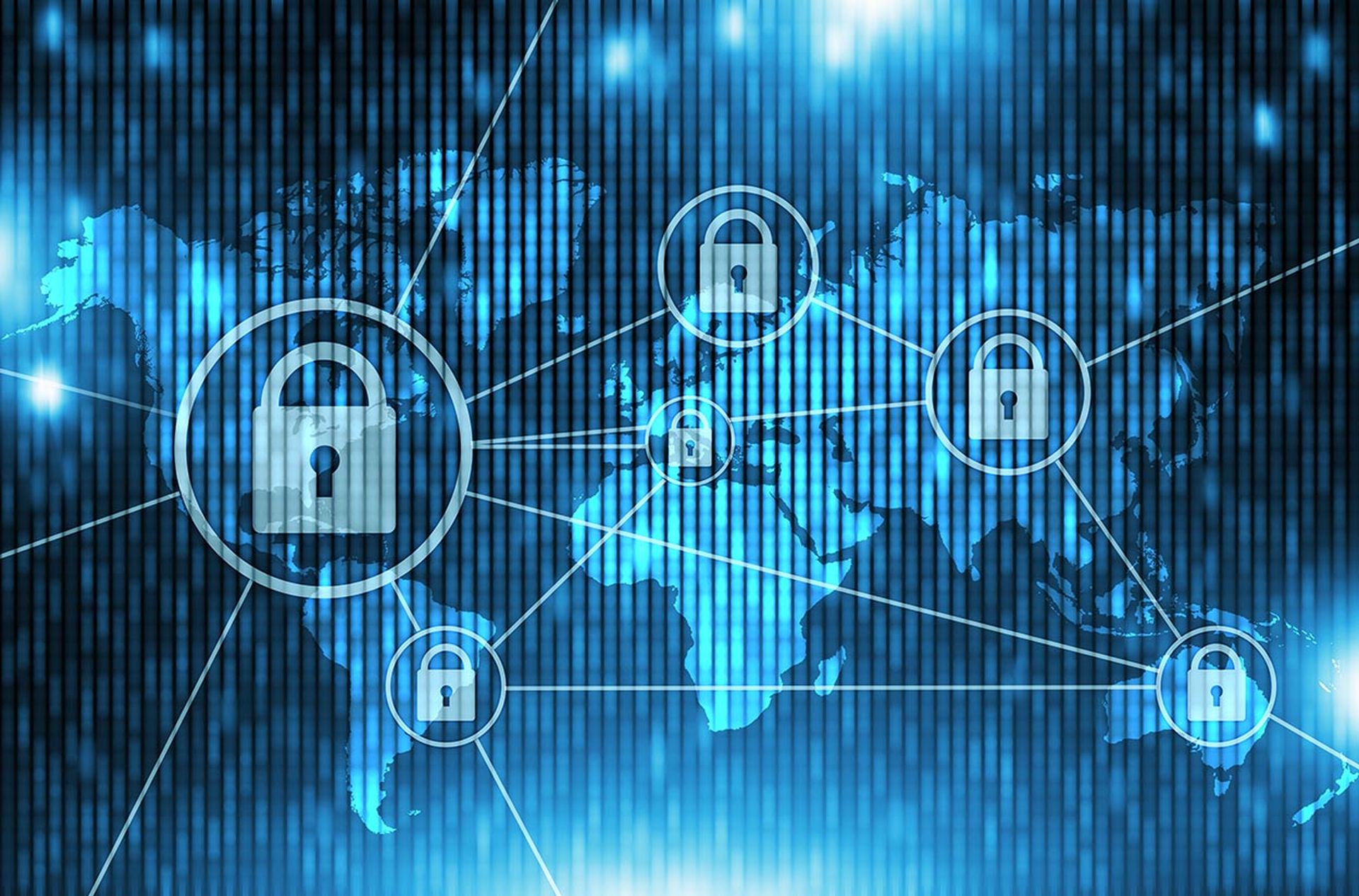 Global Network Safety Concept. Blue Networking Concept Illustration with World Map and Network Hubs.