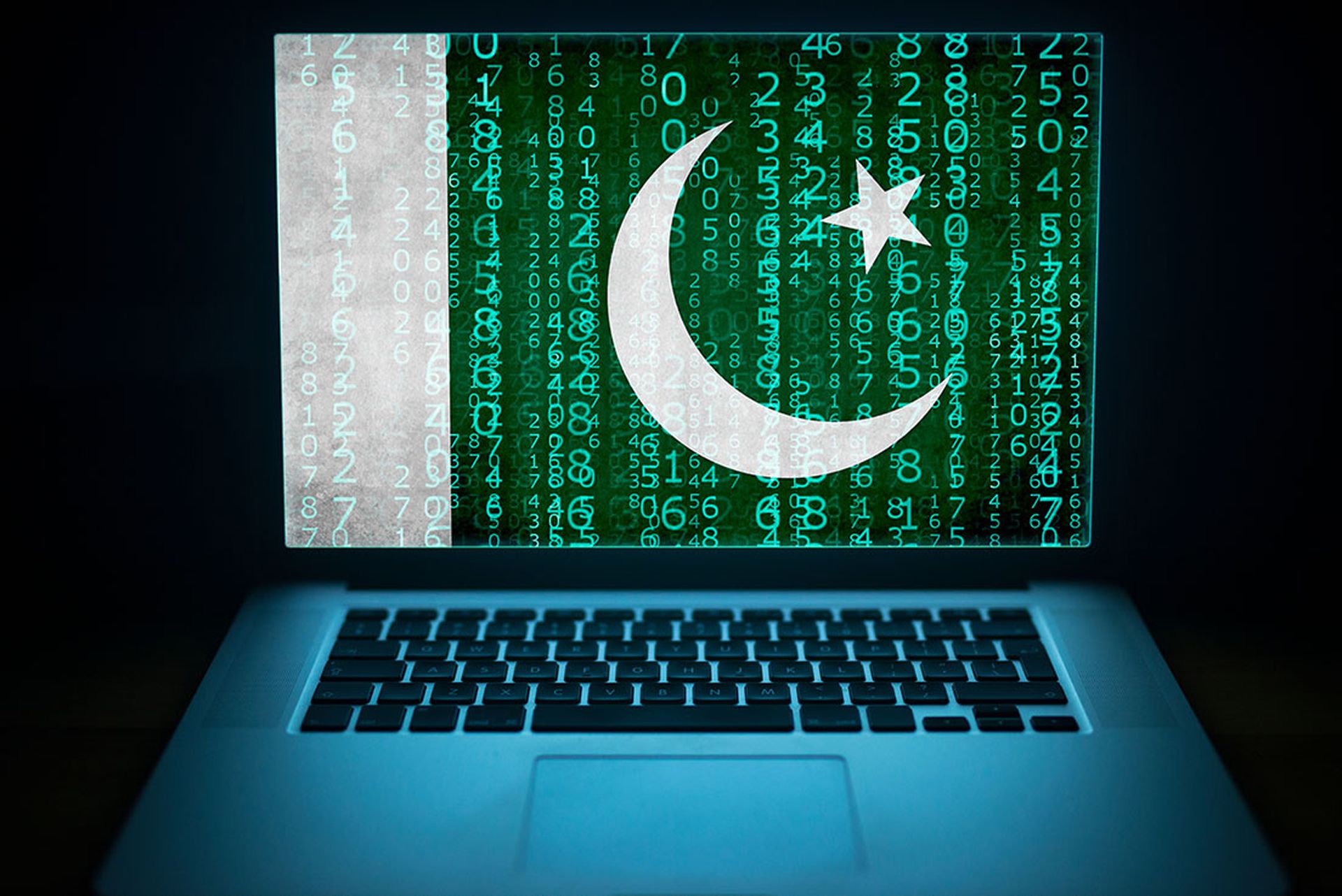 Pakistan internet security. Laptop with binary computer code an