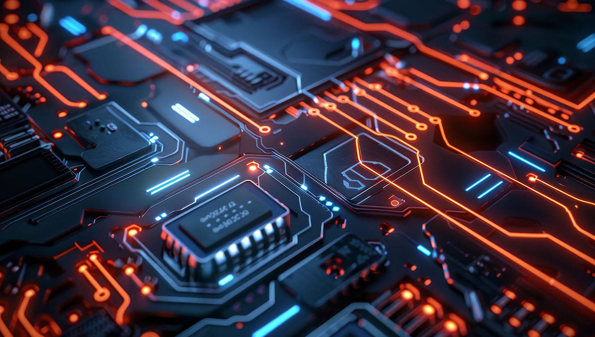 Closeup of an intricate circuit board with glowing lights, representing the complex inner proportions and patterns in technology. The vibrant colors symbolize energy and data flow through connections