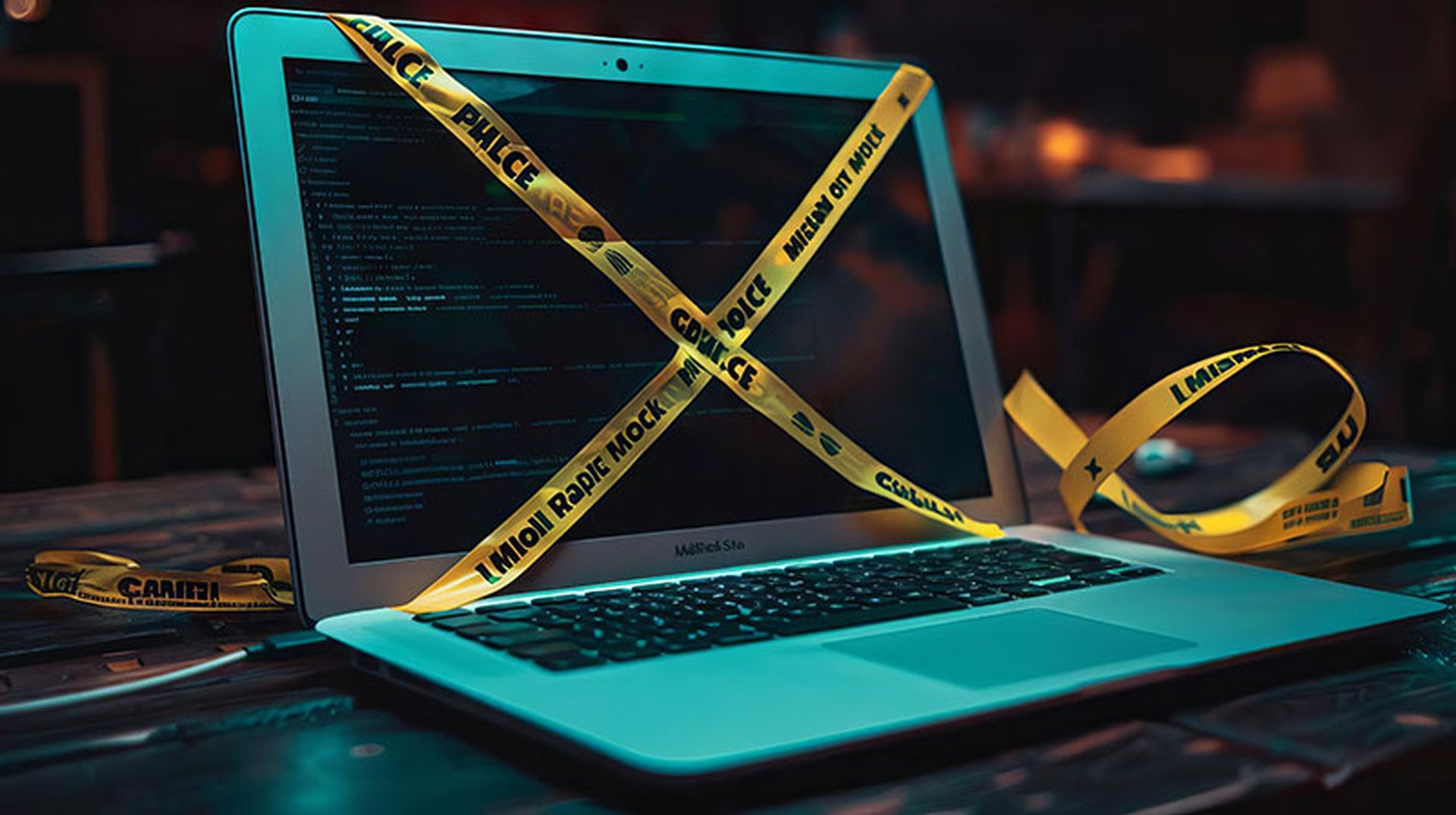 A stark image of a locked down laptop with police tape across it, symbolizing the quarantine of a system following a severe malware attack