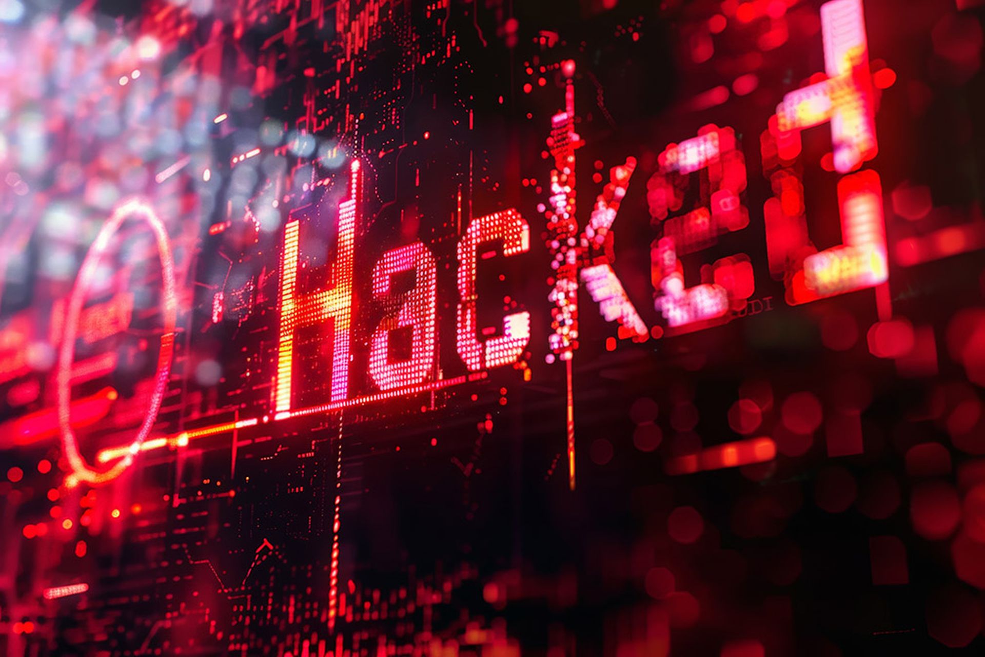 Red glowing letters saying hacked on dark background with binary code